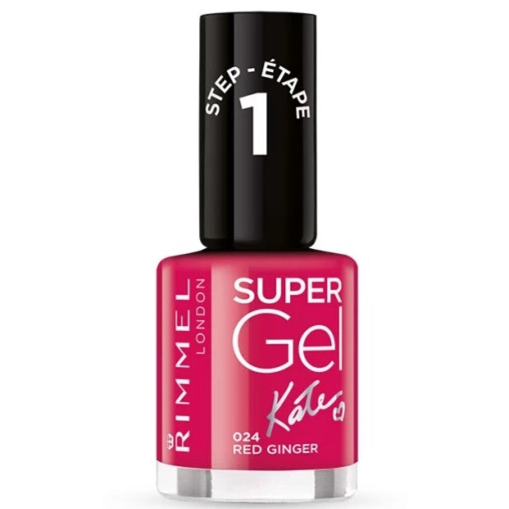 Vernis à ongles Rimmel Super Gel, rouge. Bouchon noir avec texte blanc. Inscription: Super Gel Kate's, 024 Red Ginger.