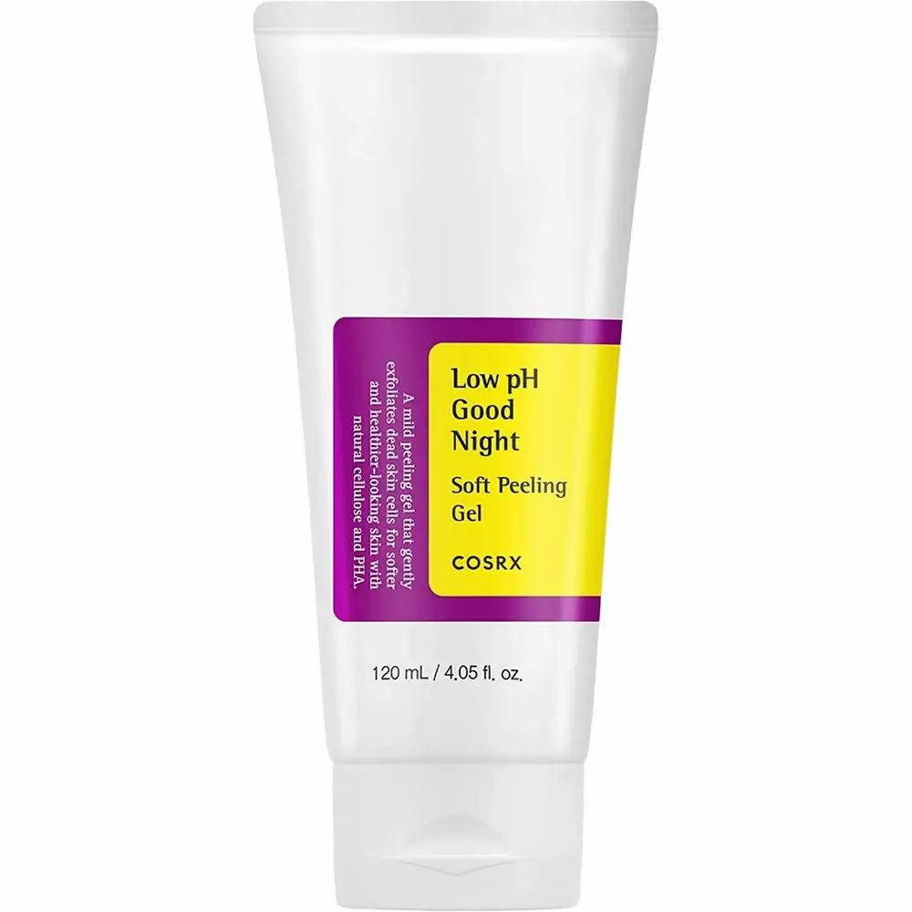 Tube blanche avec étiquette violette et jaune. Inscription : Low pH Good Night Soft Peeling Gel. Marque COSRX.