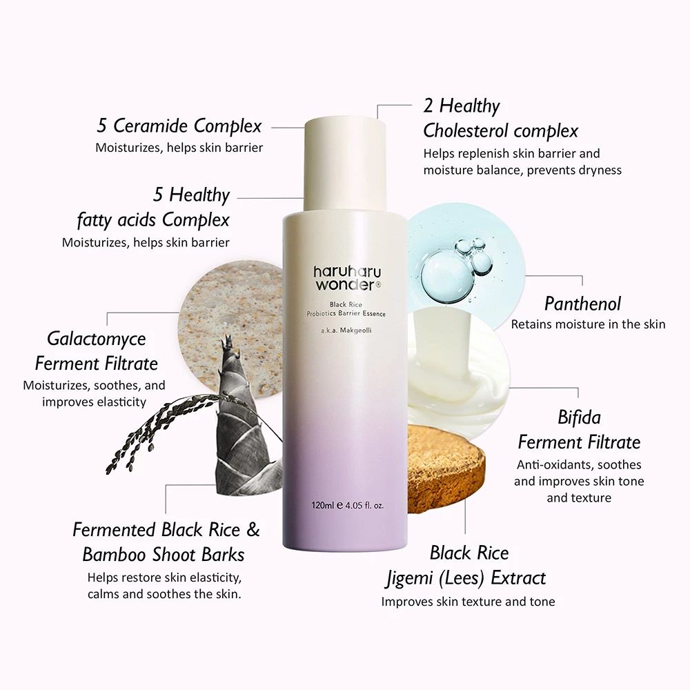 Fles met product en ingrediëntengraphics. Opschrift: haruharu wonder Black Rice Probiotics Barrier Essence. 120ml.