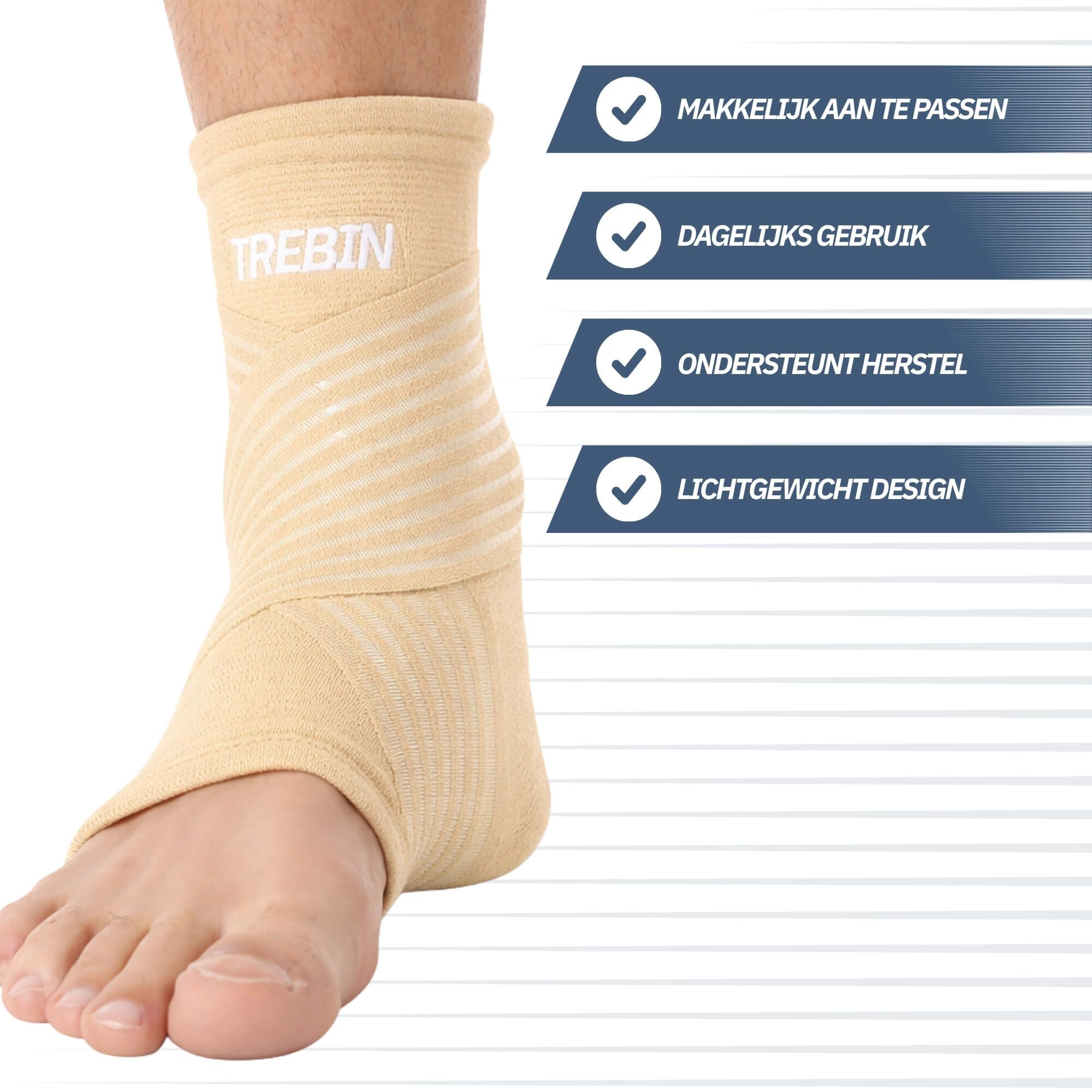 Beige enkelbrace met zijdelingse klittenbandsluitingen en strepen.