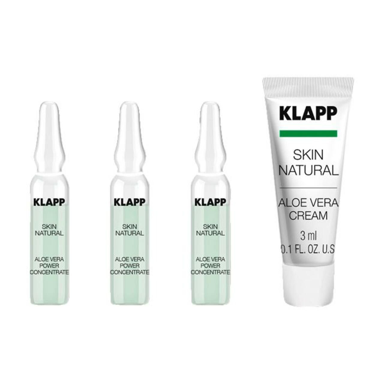 Drie ampullen en een tube Aloe Vera crème. Producten met Klapp logo en Skin Natural label. Witte verpakking met groene accenten.
