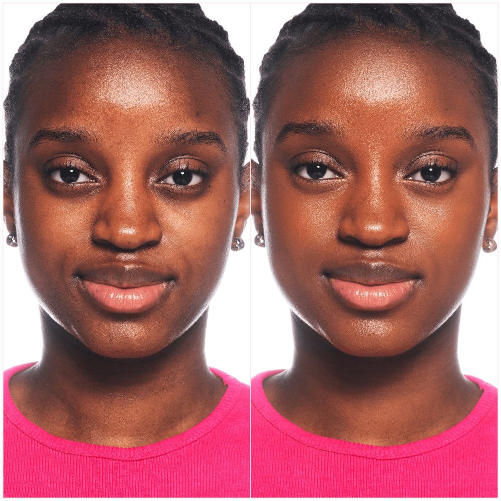 Image avant-après. Visage d'une personne avant et après l'application du fond de teint.