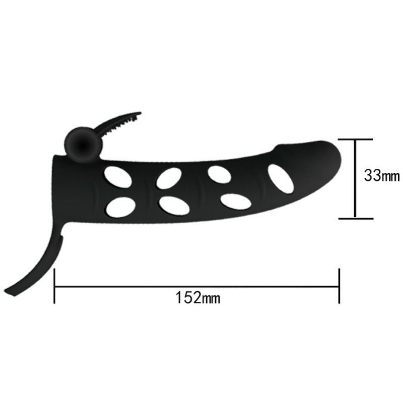 Dispositif ergonomique noir, 152mm de long, 33mm de large, avec découpes ovales et une sangle réglable.