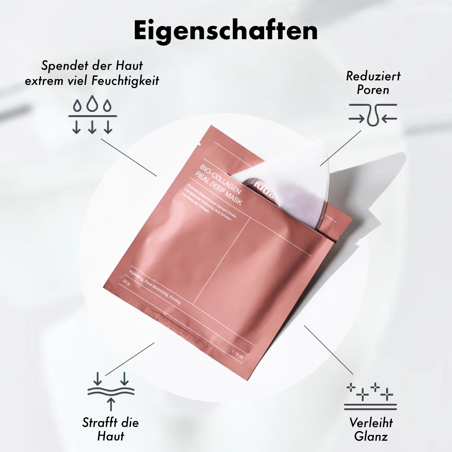 Emballage rose avec masque facial. Texte: Bio-Collagen Real Deep Mask. Propriétés: hydrate, réduit les pores, raffermit la peau, donne de l'éclat.