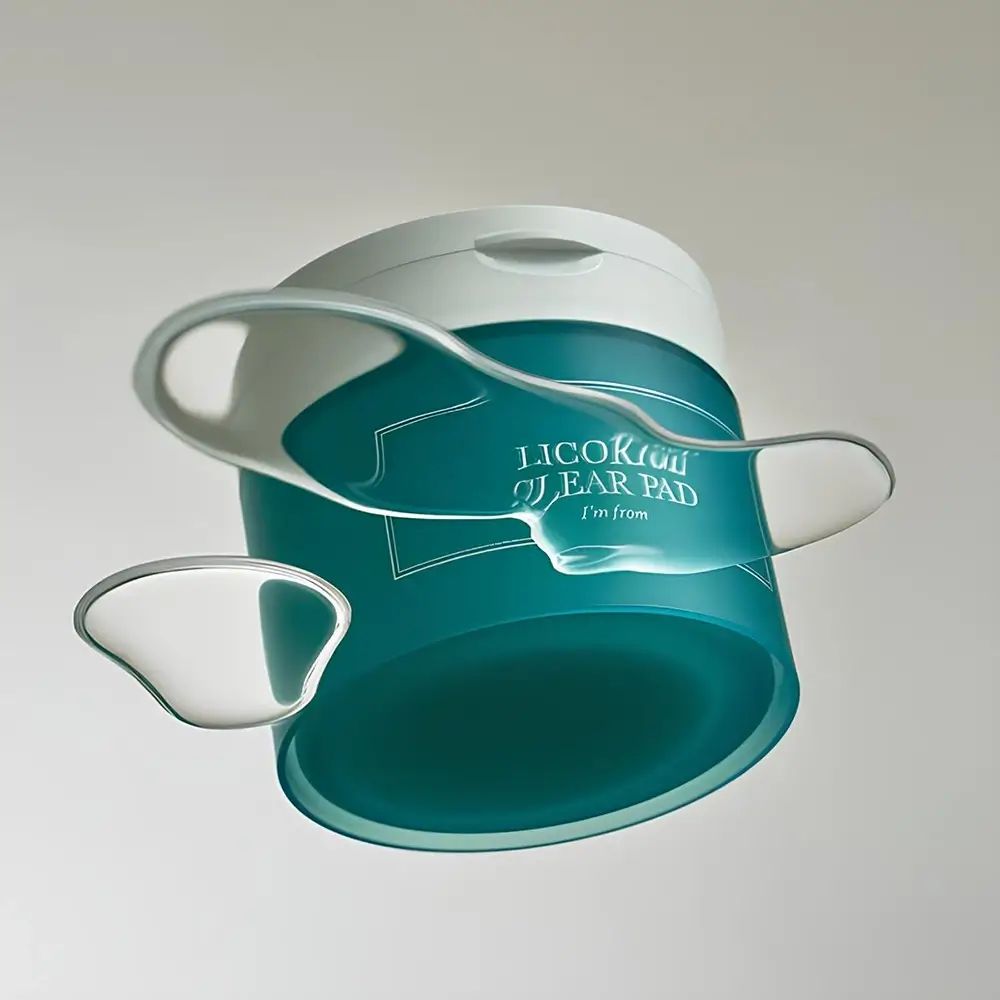 Productverpakking in de lucht. Pot met witte deksel en turquoise etiket. Twee pads zweven ernaast.