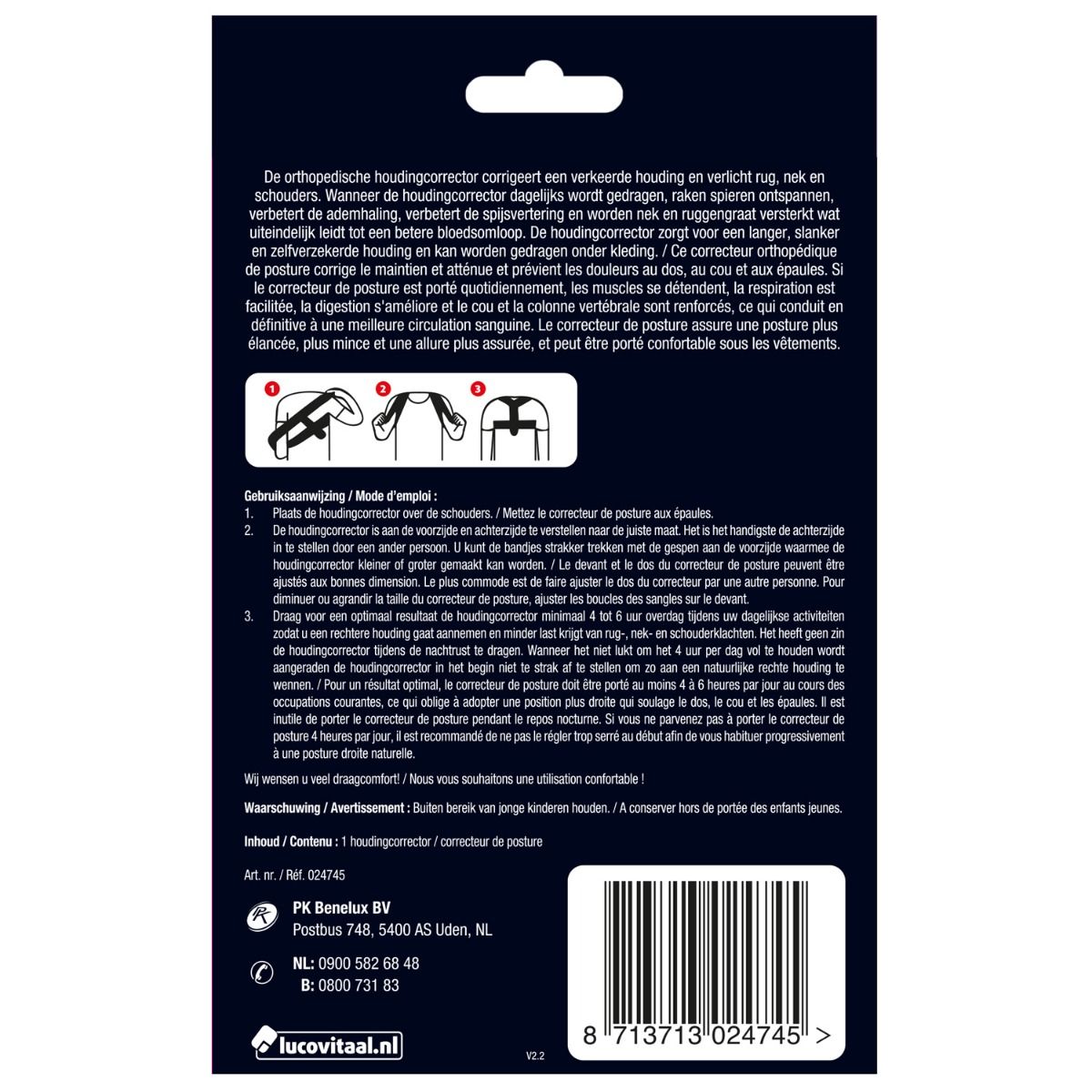 Achterkant van de productverpakking. Tekst in het Nederlands. Bevat informatie over het product, gebruiksaanwijzing en adres fabrikant. Barcode onderaan.