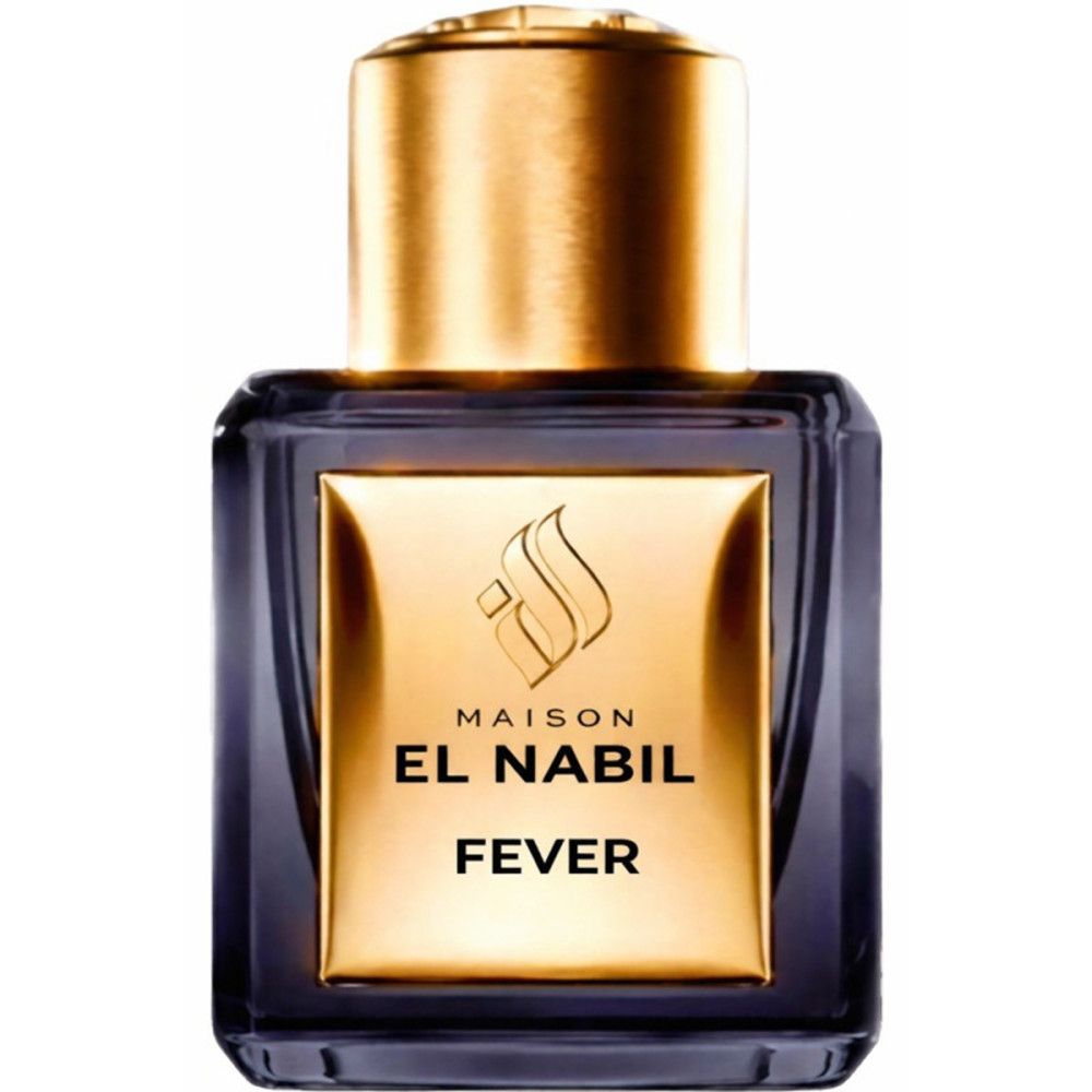 Flacon carré en verre foncé avec étiquette et bouchon dorés. Texte noir: EL NABIL, FEVER.