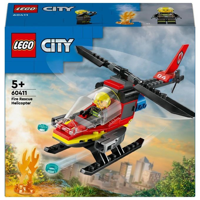 Emballage LEGO City 60411. Montre l'hélicoptère de pompiers, une figurine et des éléments de flamme. Recommandation d'âge : 5+.