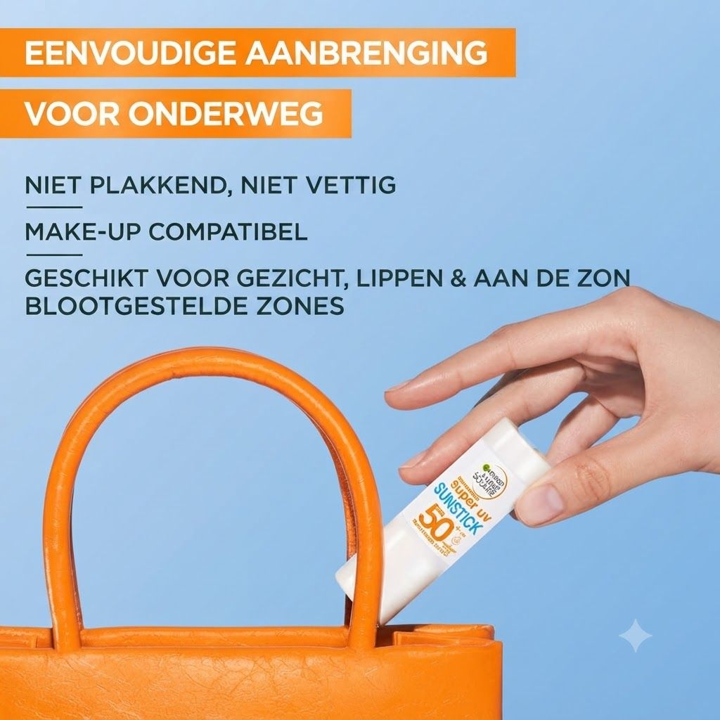 Witte zonnebrandstick met SPF 50, vastgehouden boven een oranje tas.