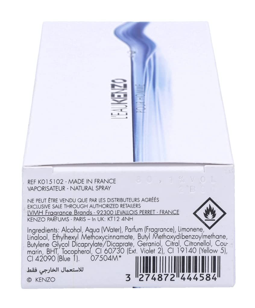 Onderkant van de verpakking van Kenzo L'Eau Kenzo Pour Homme. Tekst met ingrediënten, waarschuwingen en fabrikantinfo.