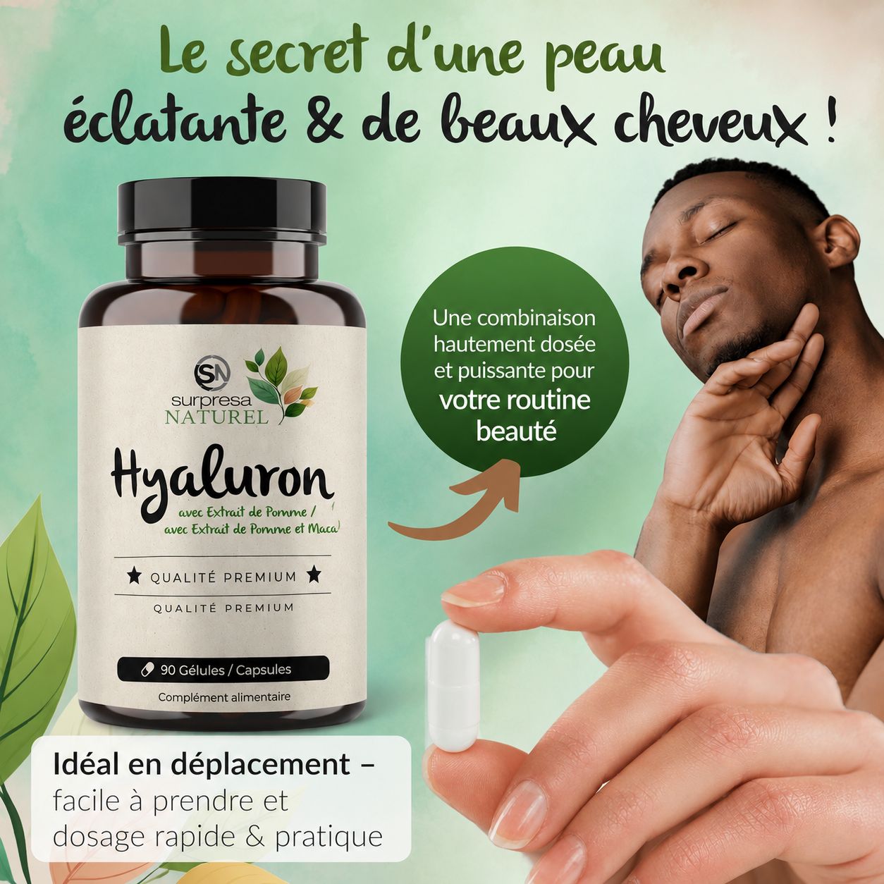 Bouteille de capsules Surpresa Natural Hyaluron avec extrait de pomme. Pour une peau éclatante et de beaux cheveux.