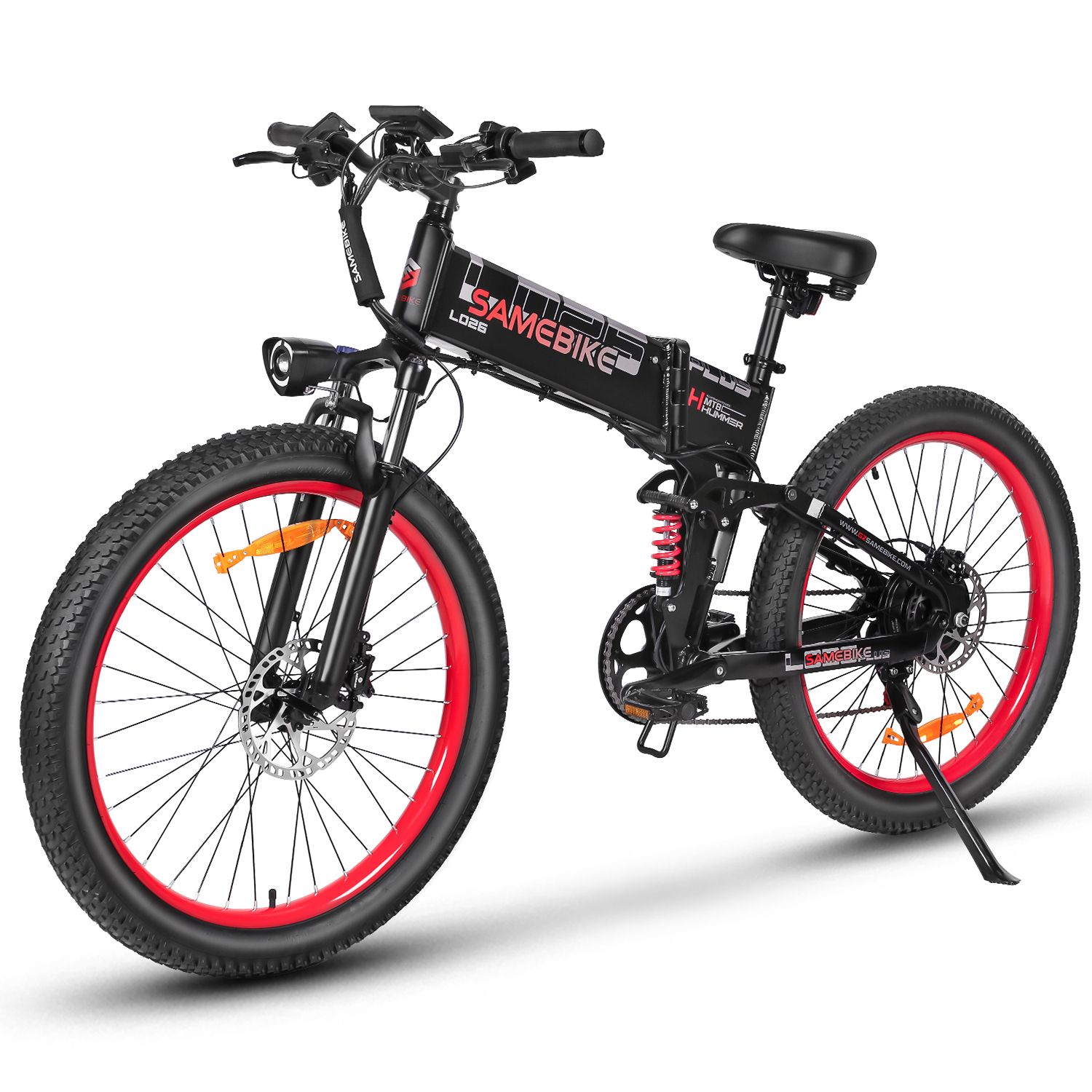 Vélo électrique pliable noir, jantes rouges. Marque SAMEBIKE, LO26Plus, batterie 48V 15Ah. Vue latérale.