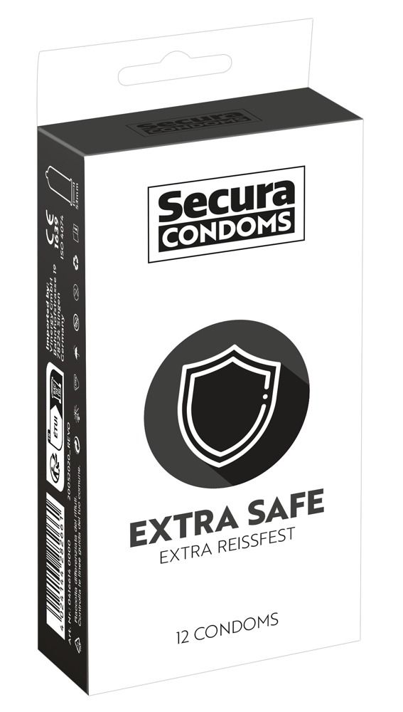 Emballage de Secura Condoms. Boîte noire et blanche avec logo, symbole de bouclier et texte.