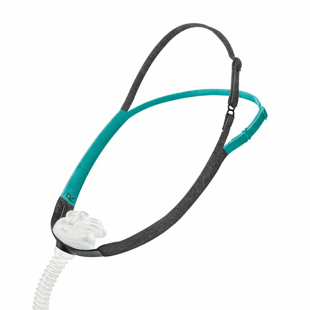 CPAP-maskerhoofdband met twee banden, een turquoise en een antraciet, met verstelbare sluiting.