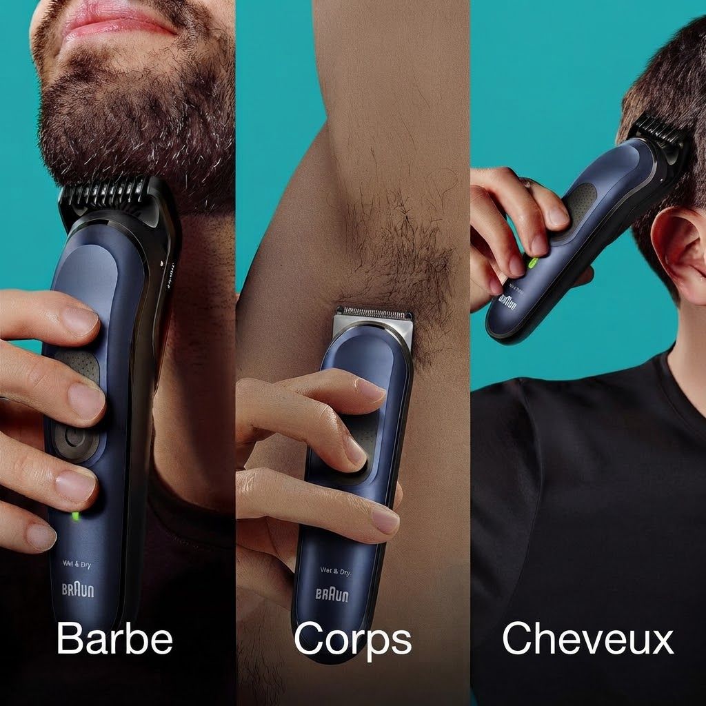 Appareil tondeuse bleu foncé utilisé pour le toilettage de la barbe. Poignée ergonomique avec commandes.