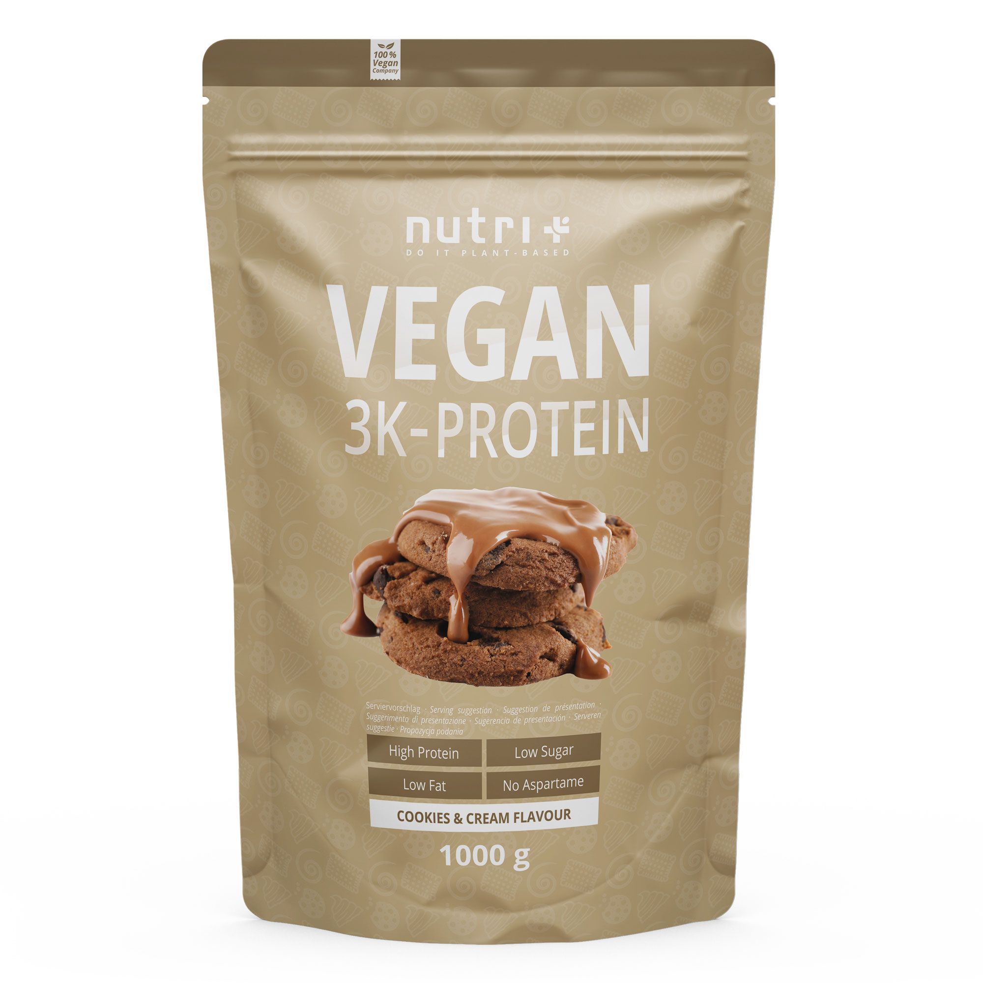 Pochette refermable marron avec logo nutri+, "VEGAN 3K-PROTEIN" et biscuits nappés de chocolat. 1000 g.