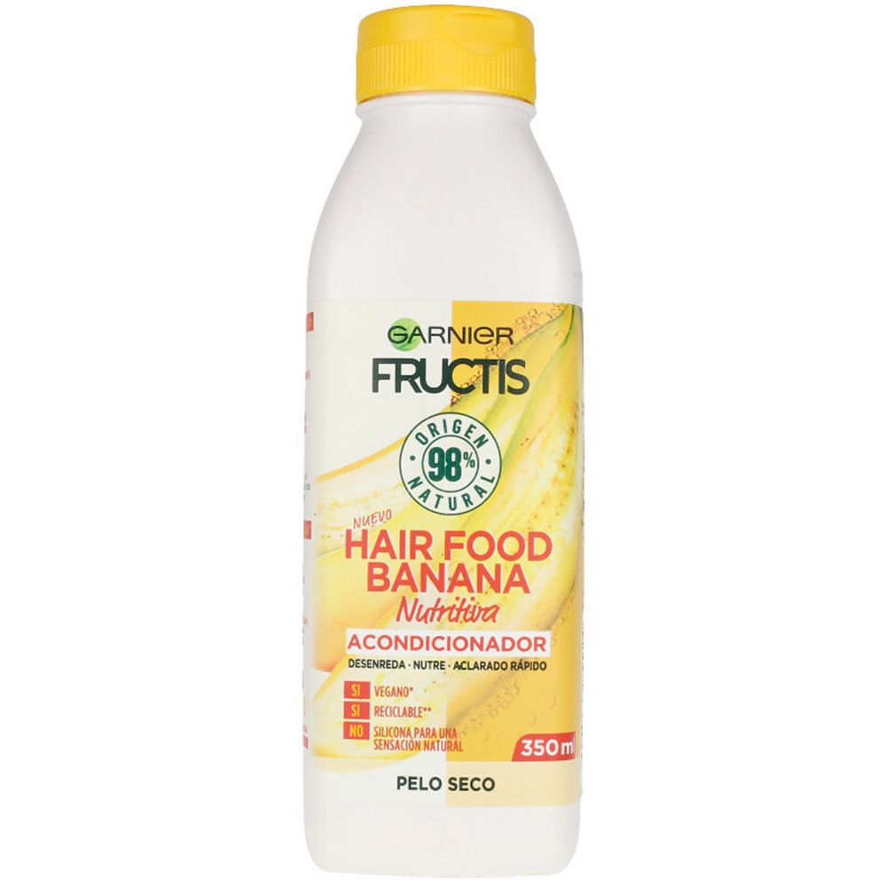 Witte fles met gele dop. Label met Garnier Fructis Hair Food Banaan. Vegan, recyclebaar. 350ml.