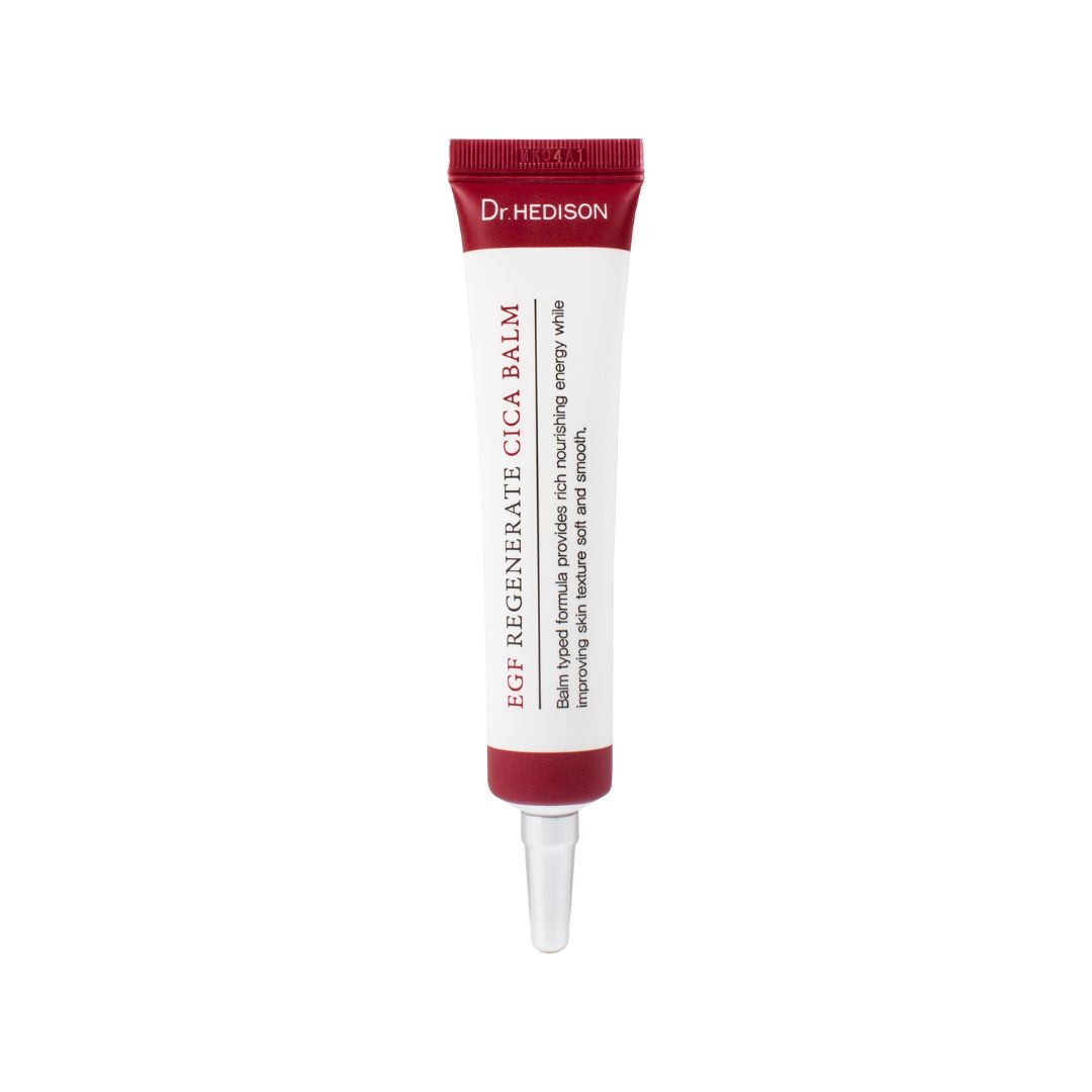 Tube de crème avec bouchon et embout rouges. Inscription : Dr. HEDISON, EGF REGENERATE CICA BALM. Texte : Balm typed formula provides rich nourishing energy while improving skin texture soft and smooth.