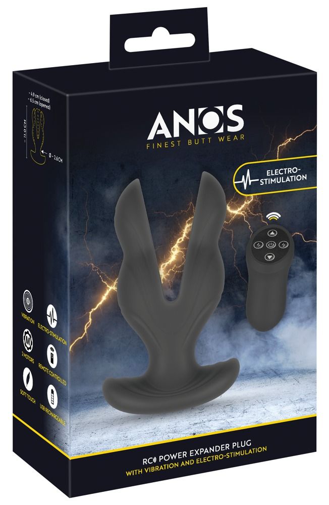 Verpakking van de ANOS anale dilator met vibratie- en elektrostimulatiefunctie, inclusief afstandsbediening.