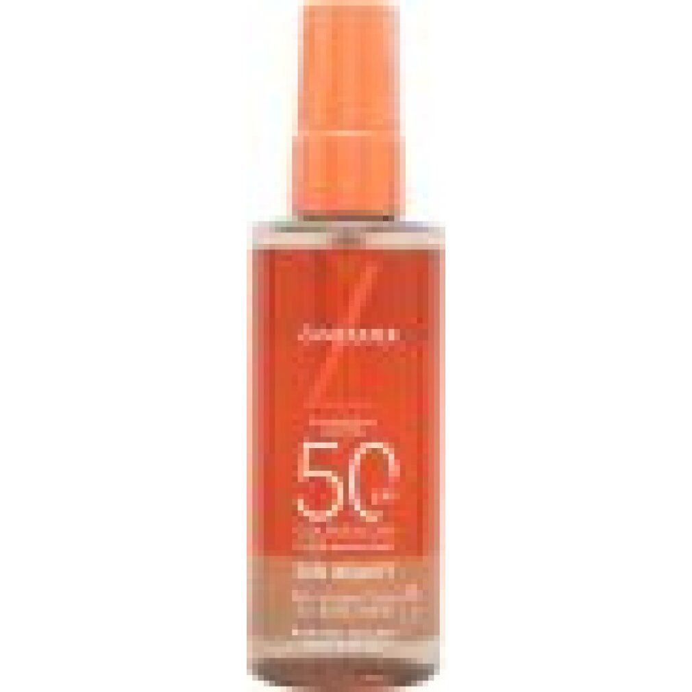 Lancaster Sun Beauty Eau du Corps Solaire SPF50 Spray. Spray à tête orange, flacon transparent dégradé orange-beige.