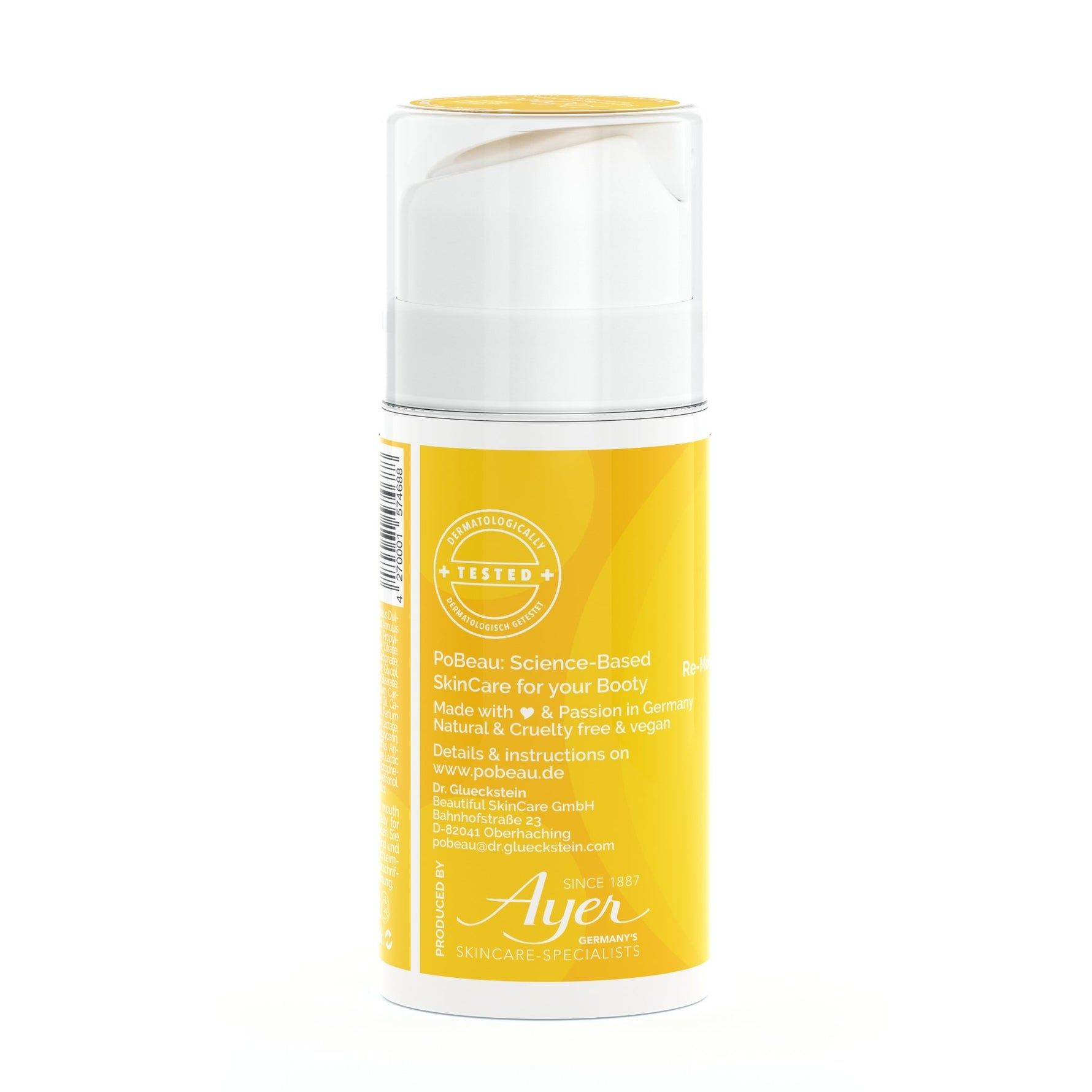Gele fles met witte dop. Opschrift: Pobeau Science-Based SkinCare for your Booty. Logo: Getest. Tekst en logo: Ayer.