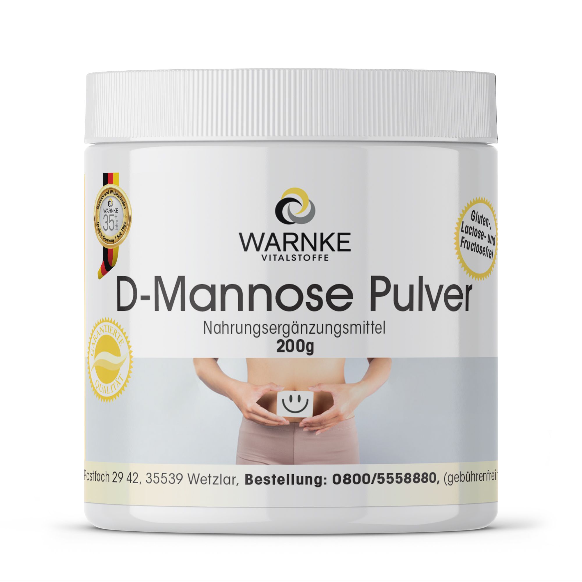 Wit poeder in pot. Opschrift: Warnke Vitalstoffe D-Mannose Pulver, voedingssupplement. Met certificeringen en logo.