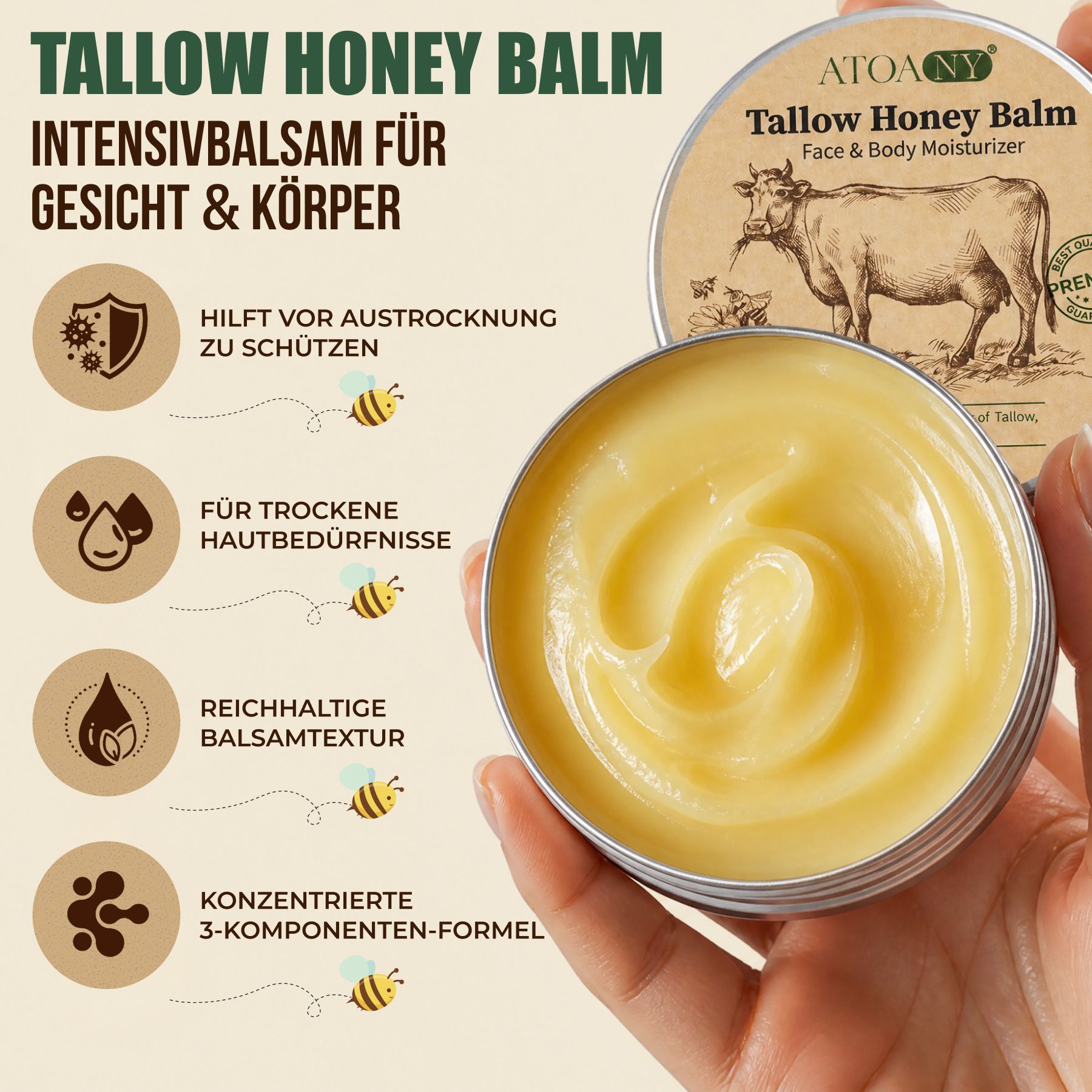 Tallow Honey Balm, baume intensif pour le visage et le corps, en boîte métallique ronde.
