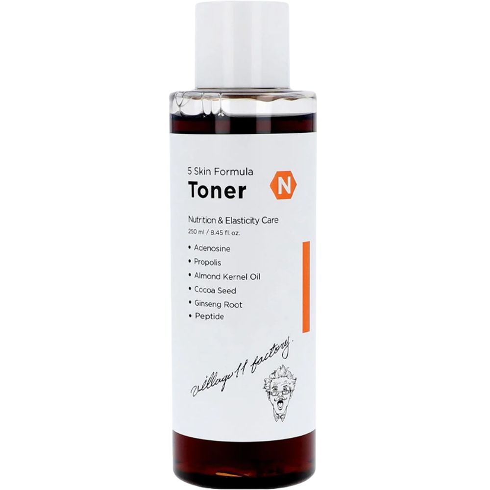 Transparante fles met witte dop. Label met tekst: Toner, 5 Skin Formula, N. Oranje streep. Vloeistof zichtbaar.