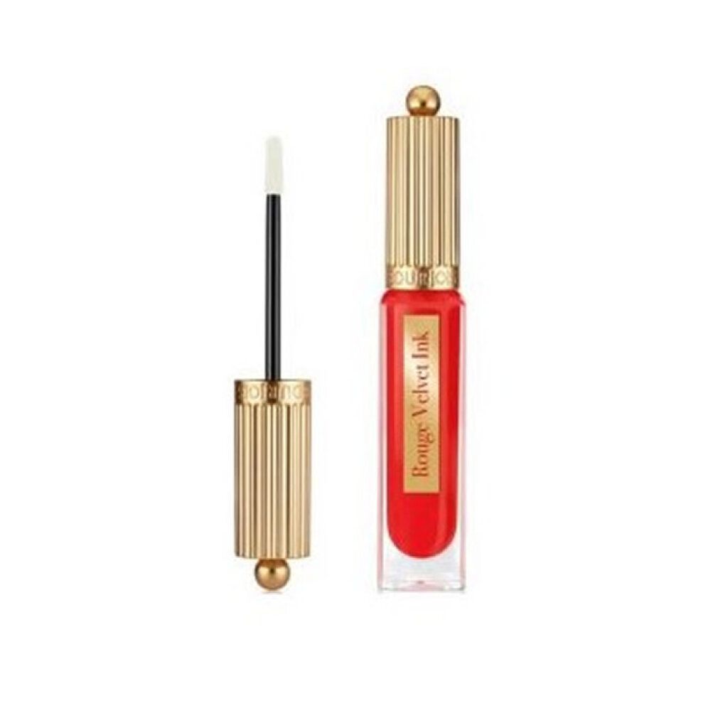 Bourjois Rouge Velvet Ink lippenstift, kleur 08 Coquelic'Hot, met gouden dop en applicator.