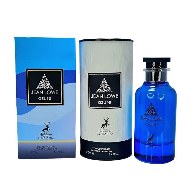Jean Lowe Azure Eau de Parfum fles en verpakking. Blauwe glazen fles met zwarte dop. Cilindrische koker en rechthoekige doos.