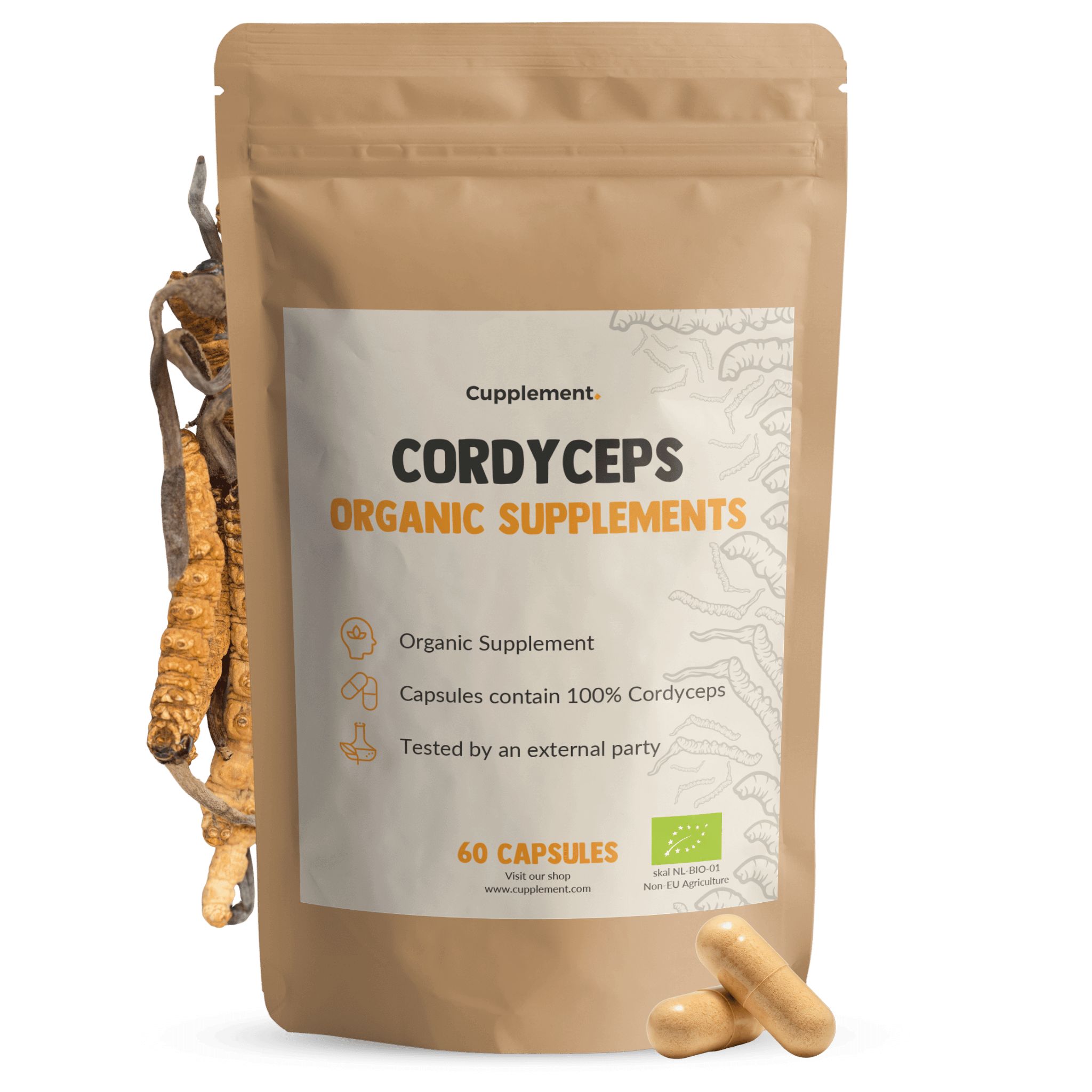 Zakje Cupplement® Cordyceps Kapseln. Bruine capsules ernaast. Tekst: Cordyceps Organic Supplements.