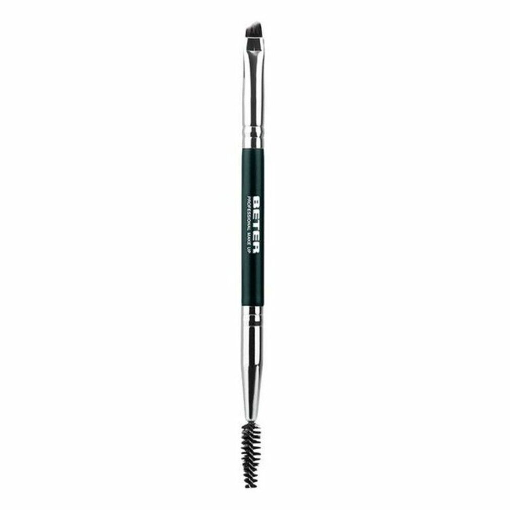 Un pinceau à sourcils double face avec brosse biseautée et brosse, manche noir et parties métalliques argentées.