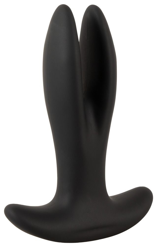 Écarteur anal noir avec base large et pointe divisée, vu de côté.