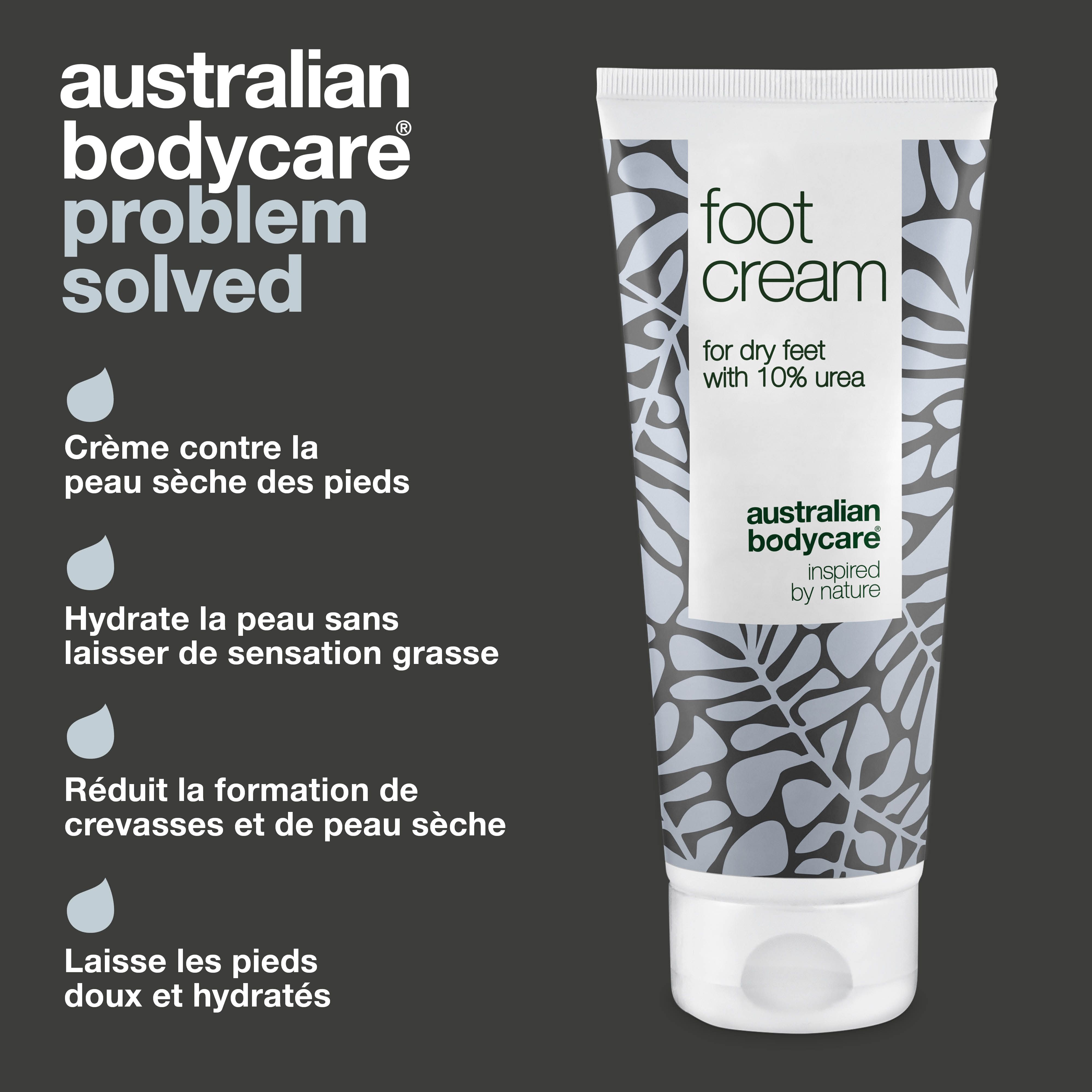 Tube de crème pour les pieds avec texte : "foot cream", "for dry feet", "10% urea", "australian bodycare".