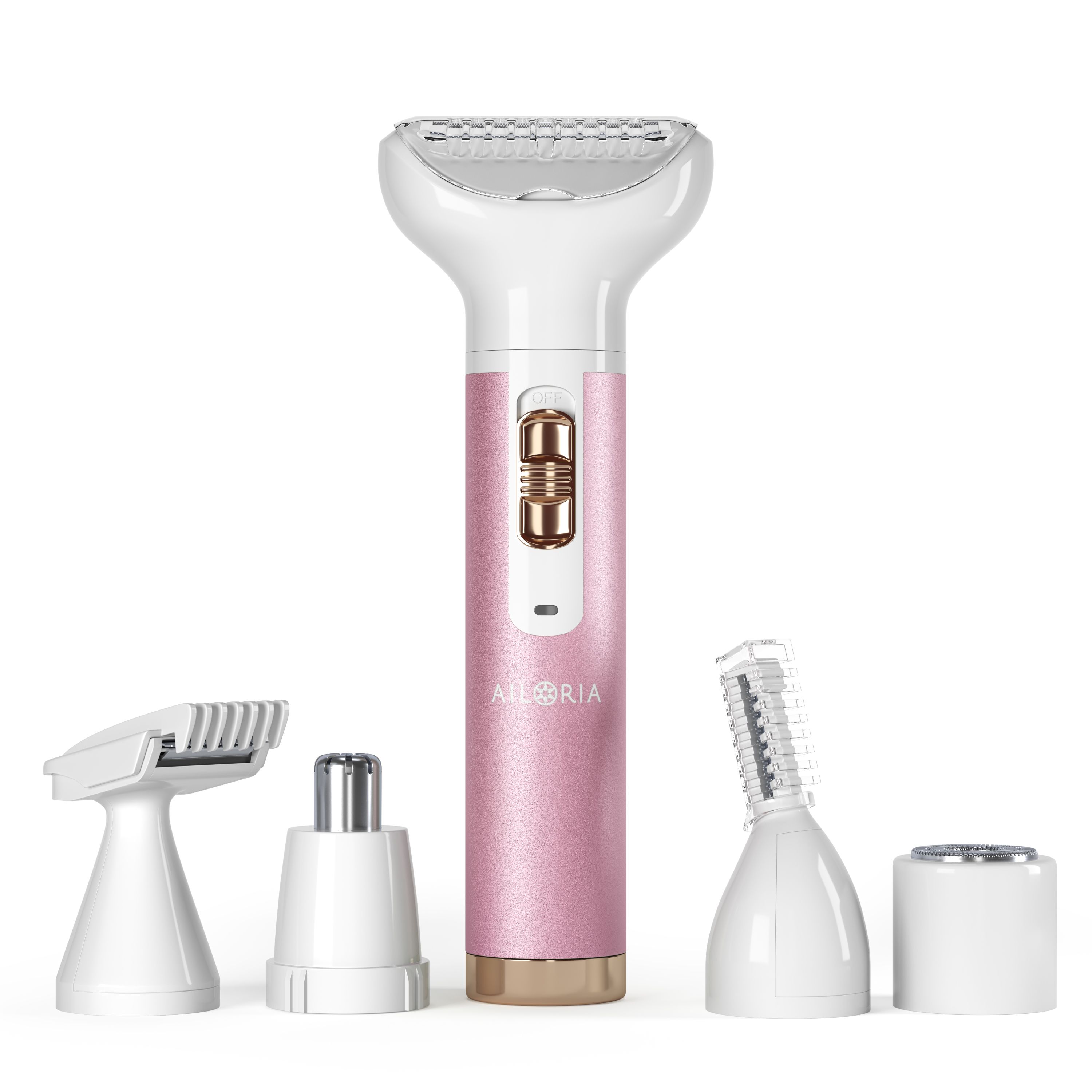 Rasoir rose et blanc avec 4 têtes interchangeables. Logo AILORIA. Têtes: zone bikini, nez, corps, sourcils, visage.