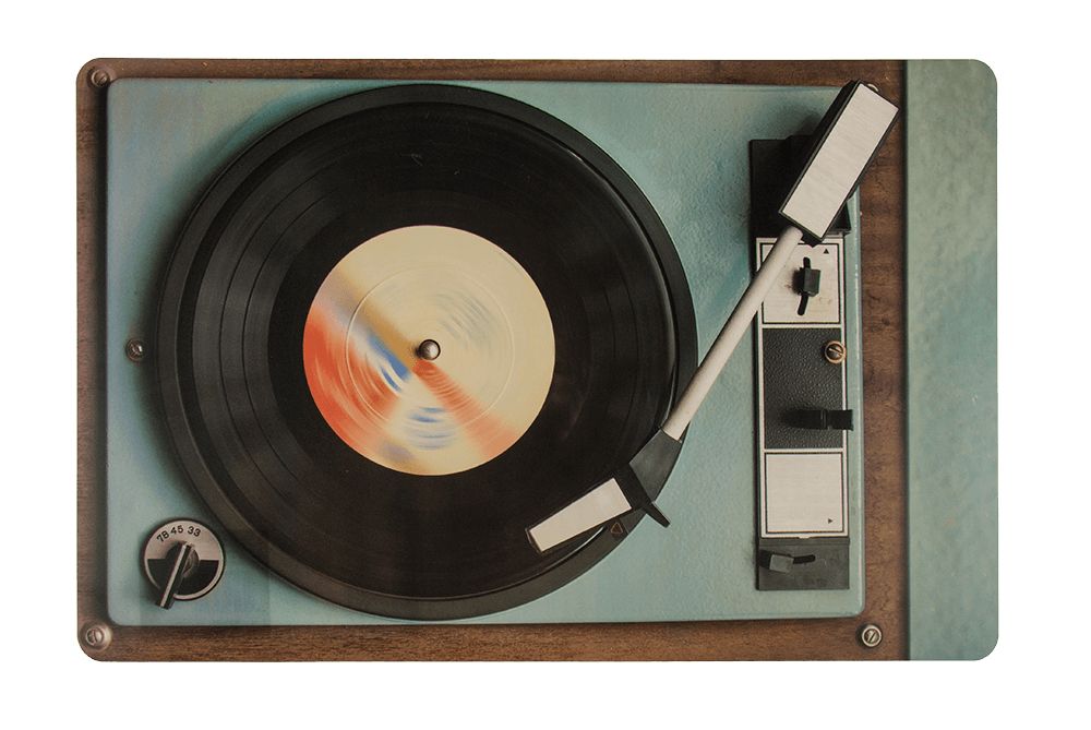 Tafelset met platenspelerontwerp. Blauw, bruin en zwart. Met zwarte plaat en toonarm.