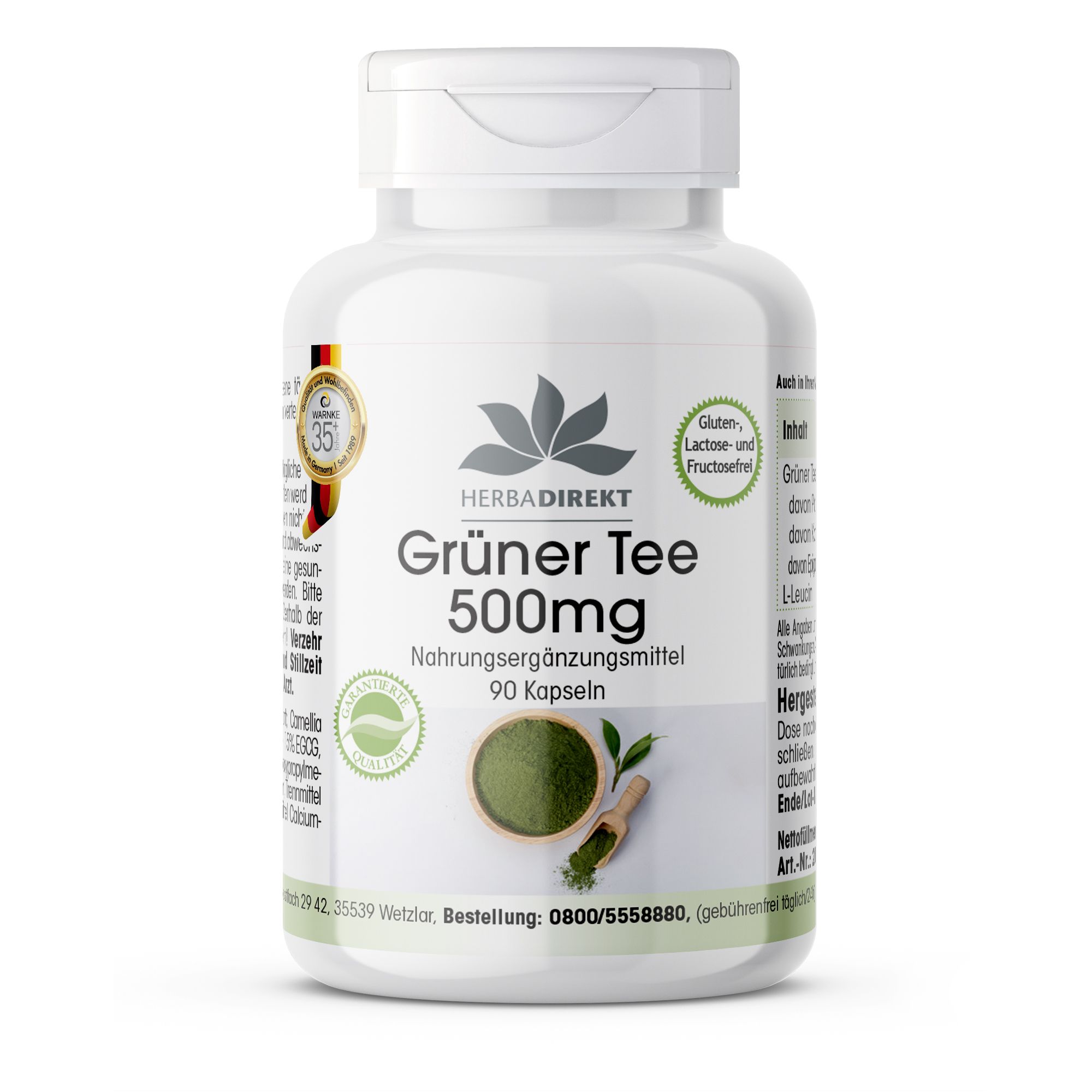 Flacon blanc de gélules. Inscription: Grüner Tee 500mg, 90 gélules. Logo Herbadirekt. Labels: Sans gluten, lactose et fructose. Certifications.