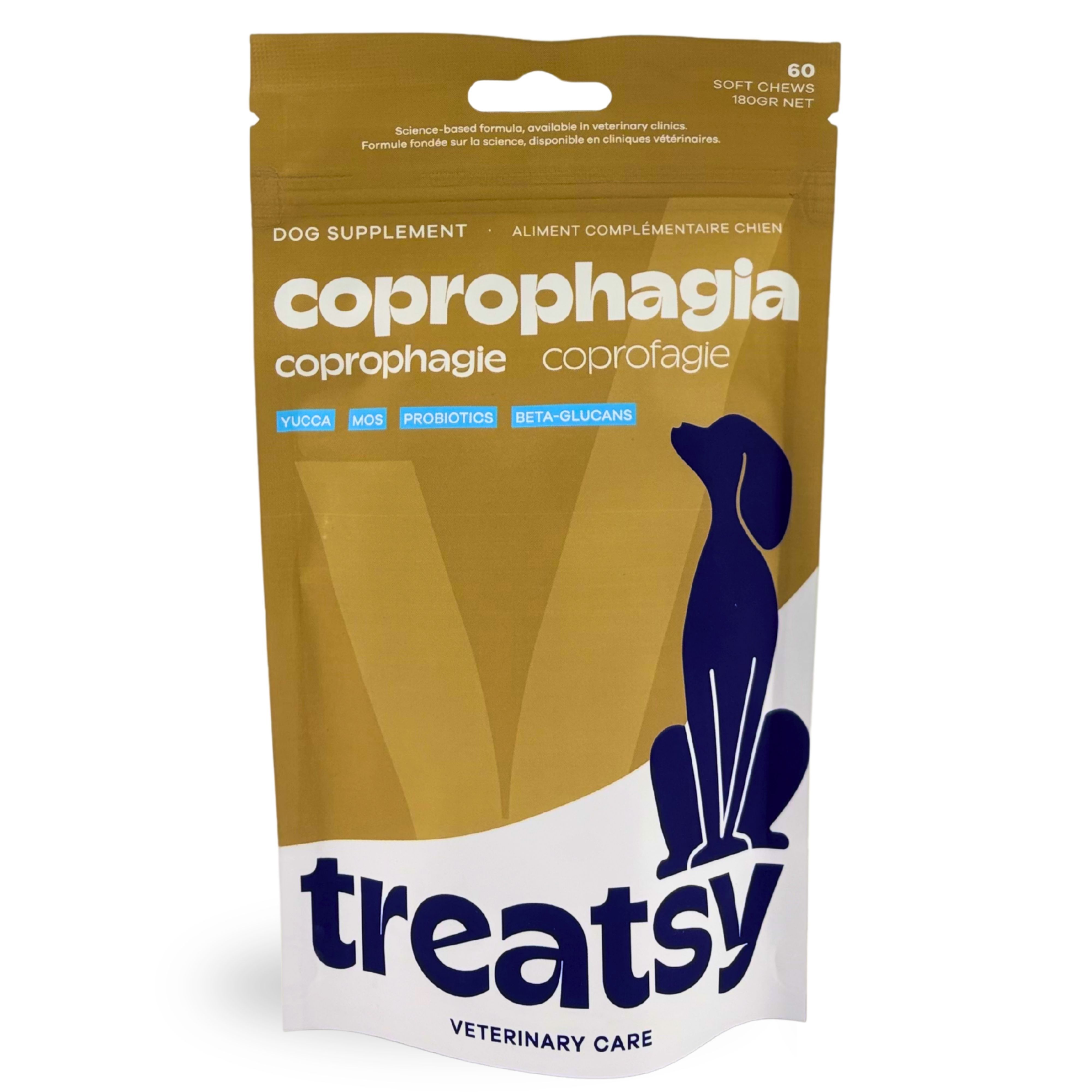 Sachet de complément alimentaire. Inscription : Coprophagia. Marque : Treatsy. Contient 60 Soft Chews.
