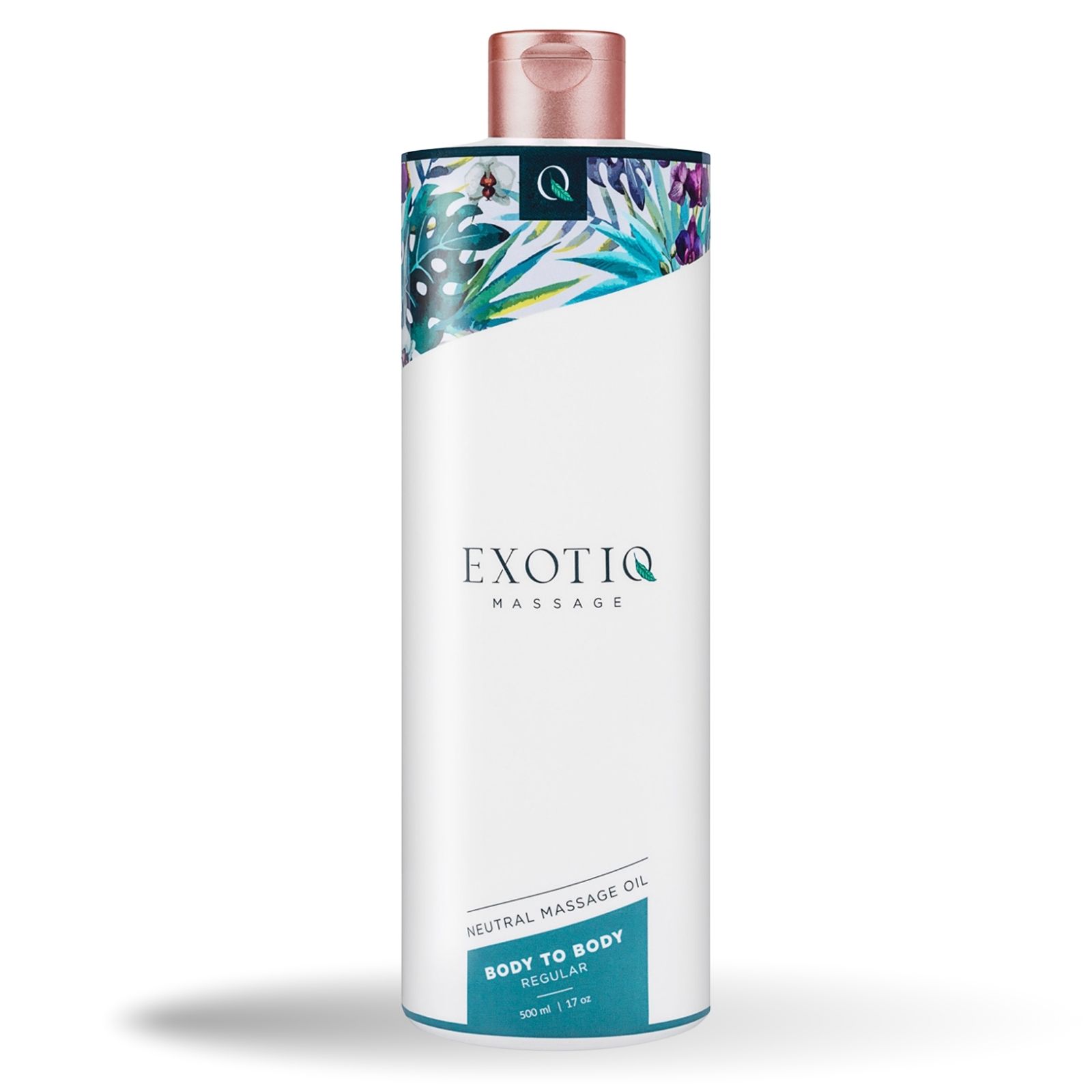 Fles massageolie. Wit, bloemen, roze dop. Tekst: EXOTIQ MASSAGE, BODY TO BODY REGULAR.