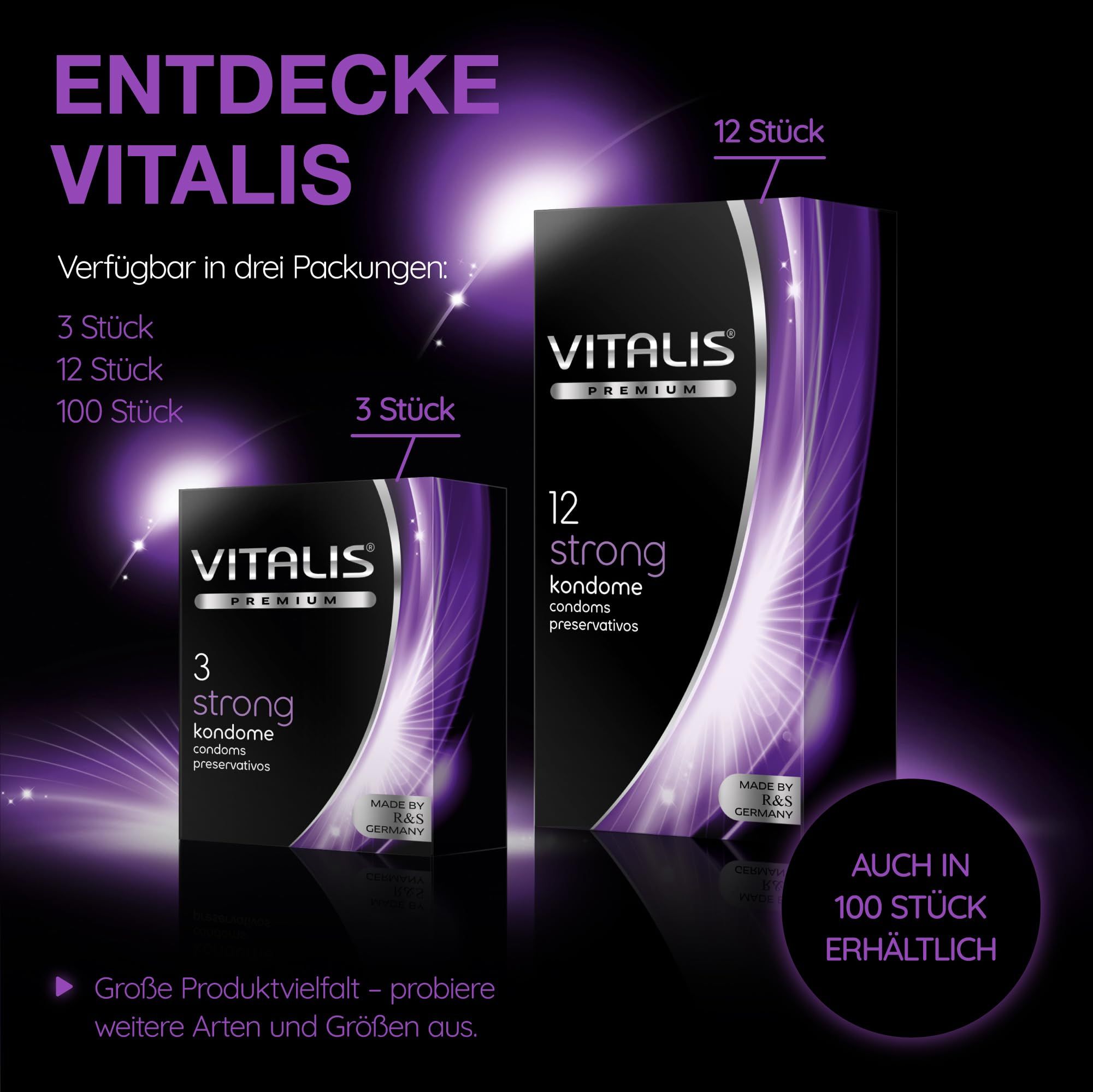 Vitalis condooms: Verkrijgbaar in verpakkingen van 3, 12 en 100 stuks.