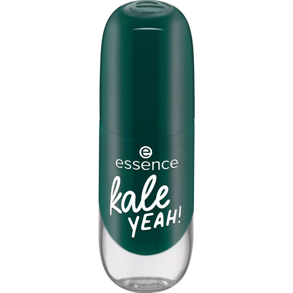 Flacon de vernis à ongles vert avec bouchon fermé. Inscription : essence, kale YEAH!