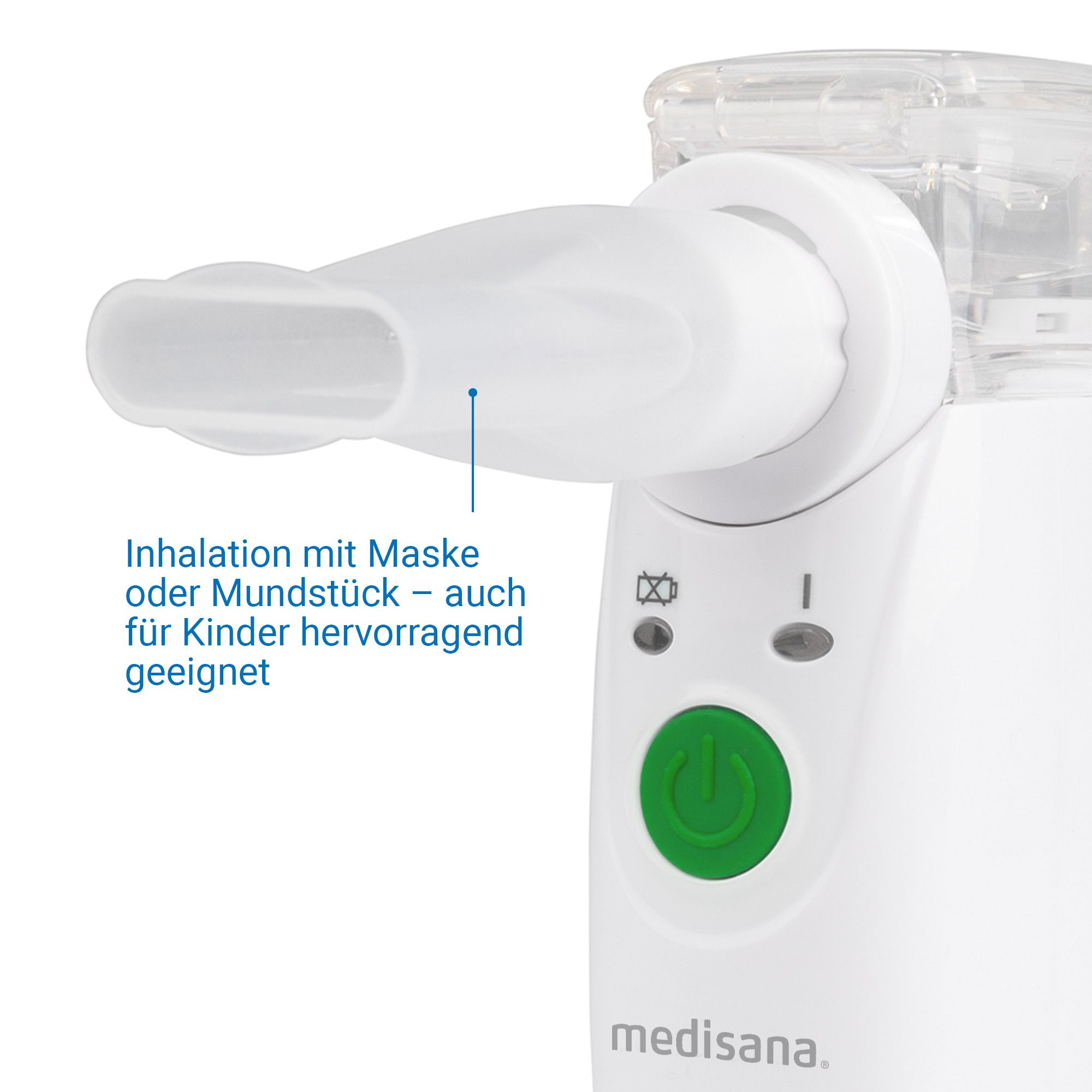 Close-up van het mondstuk van een witte ultrasone inhalator met Duitse tekst.
