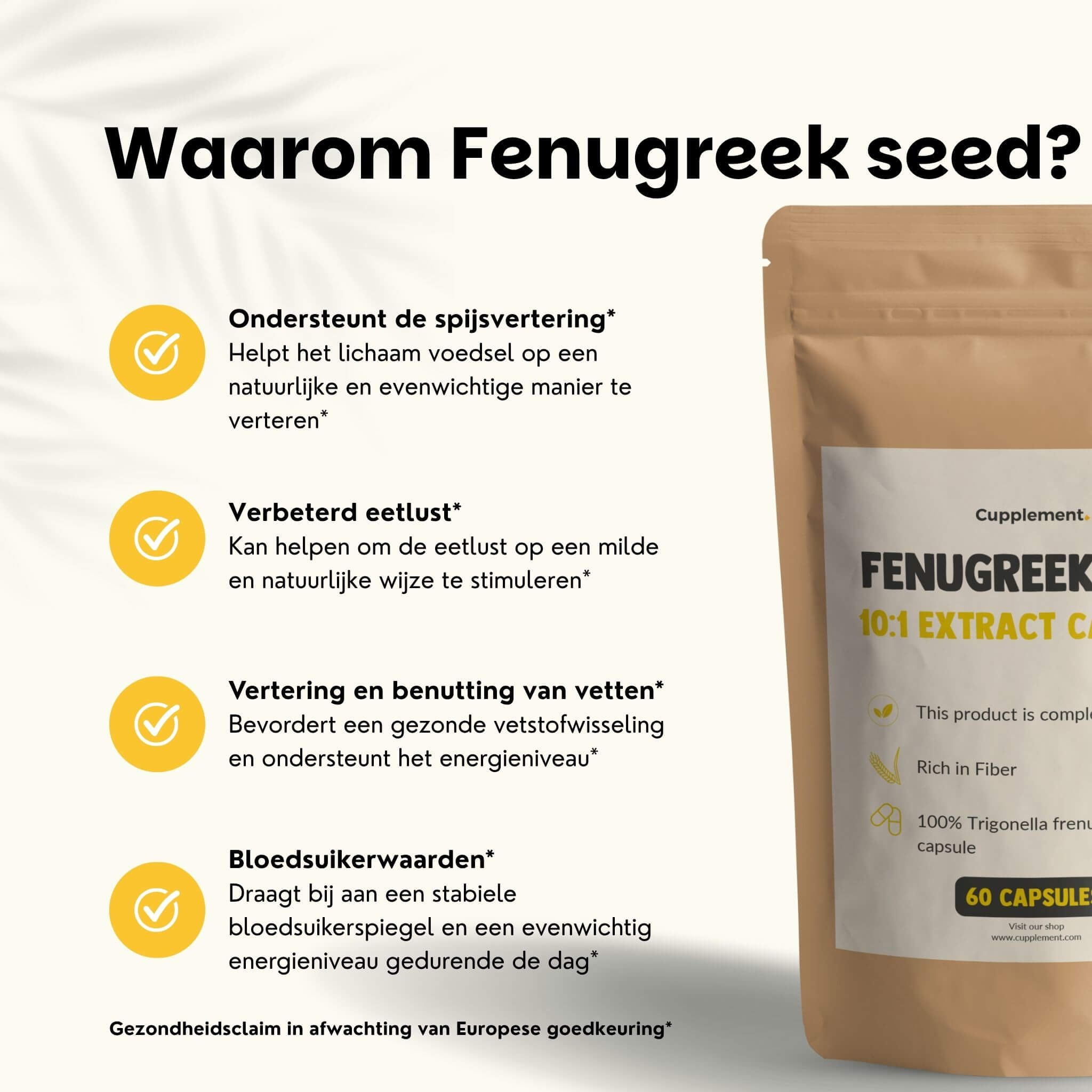Zakje met capsules. Tekst: Waarom fenegriekzaad? Ondersteunt de spijsvertering, verbetert de eetlust.