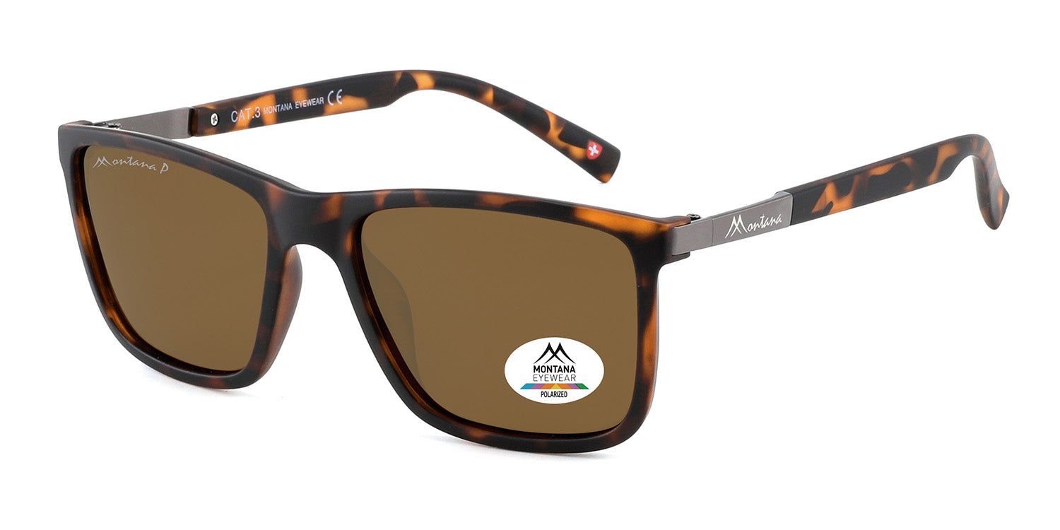 Lunettes de soleil avec verres bruns et monture marron. Branches métalliques avec logo. Autocollant "Polarized" sur un verre.