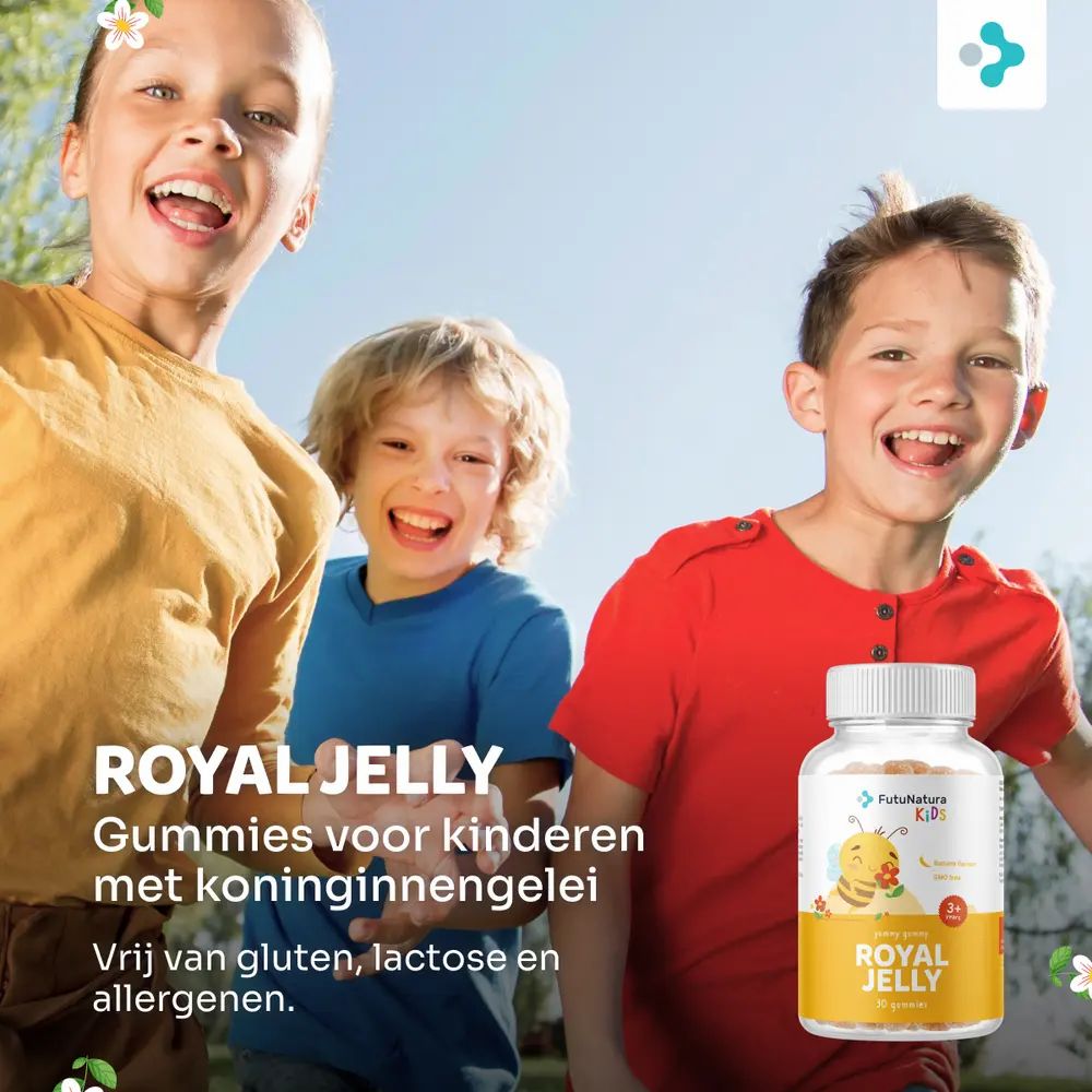 Drie kinderen lachen. Fles "FutuNatura Kids Royal Jelly". Tekst: "Gummies voor kinderen met koninginnengelei". Vrij van gluten, lactose en allergenen.