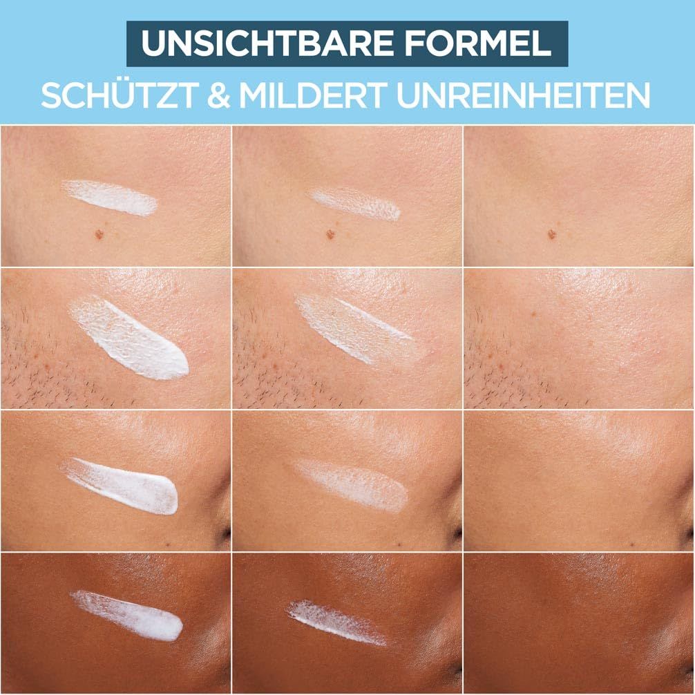 Garnier Hautklar BHA + Niacinamide Daily UV. Application sur la peau. Texte: Formule invisible, protège et réduit les imperfections.