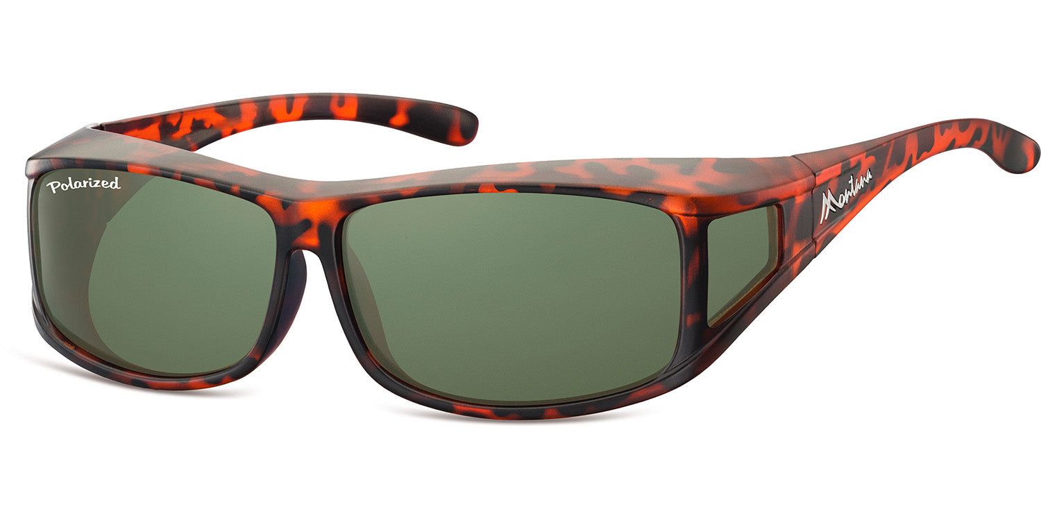 Bruin montuur met schildpadmotief. Groene glazen, zijbescherming. Merk Montana Eyewear.