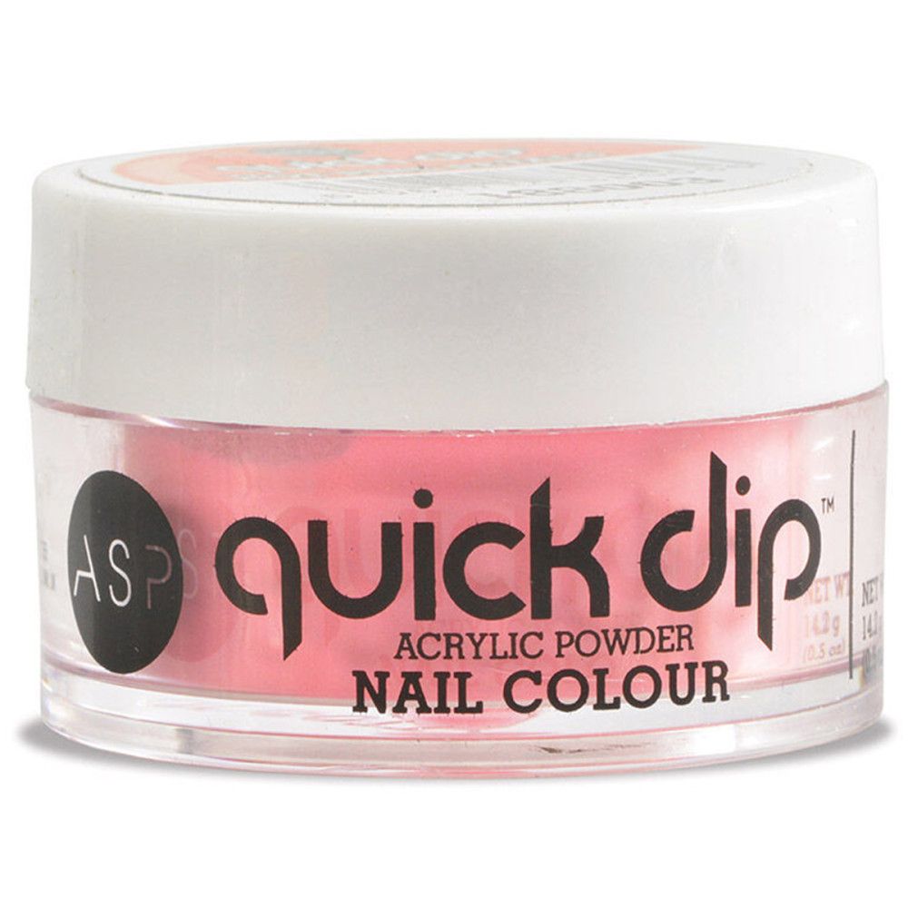 Récipient rond avec poudre rose. Inscription 'quick dip' et 'NAIL COLOUR'.