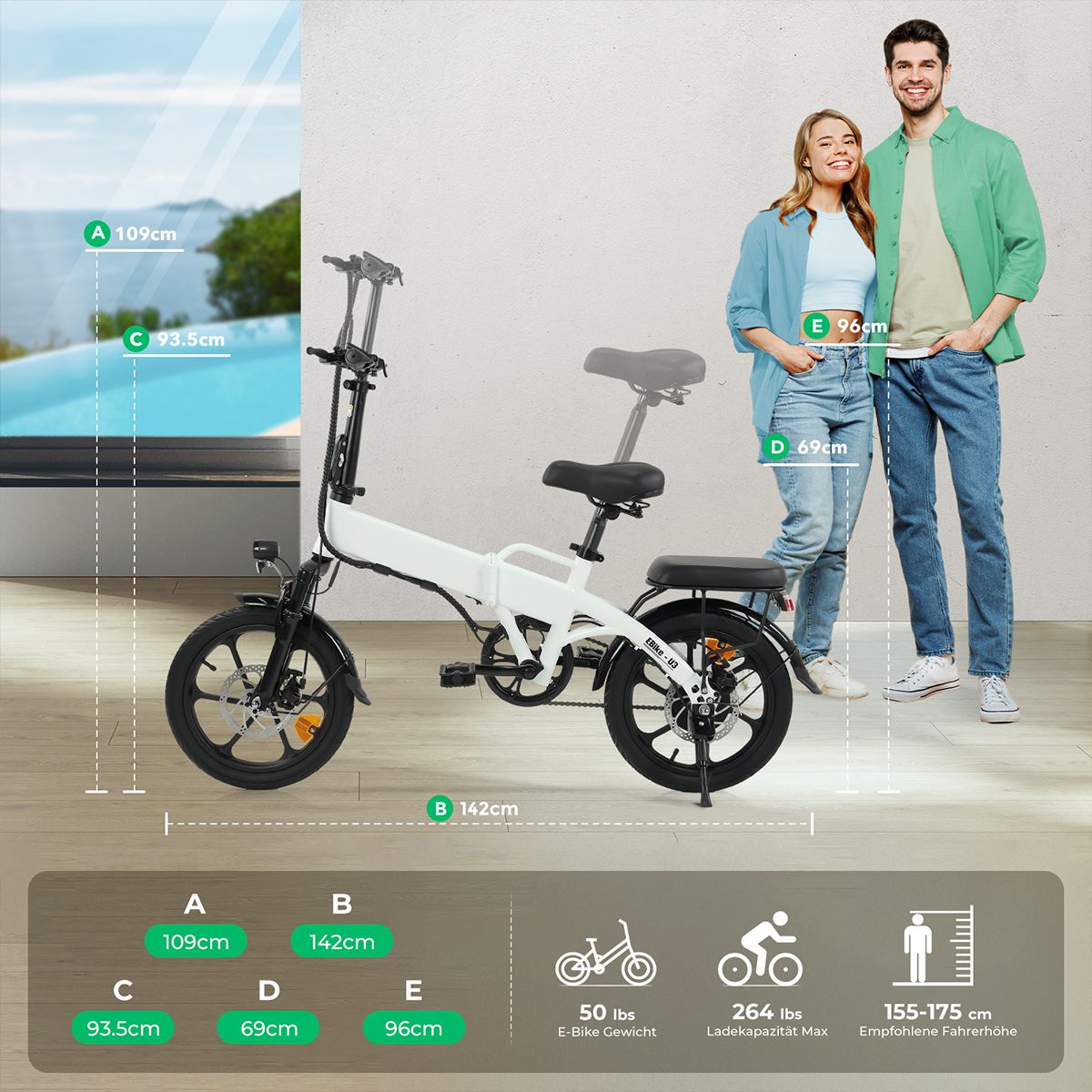 Vélo électrique blanc avec dimensions. Dimensions : 109cm, 142cm, 93.5cm, 69cm, 96cm. Poids : 50 lbs. Charge max : 264 lbs.