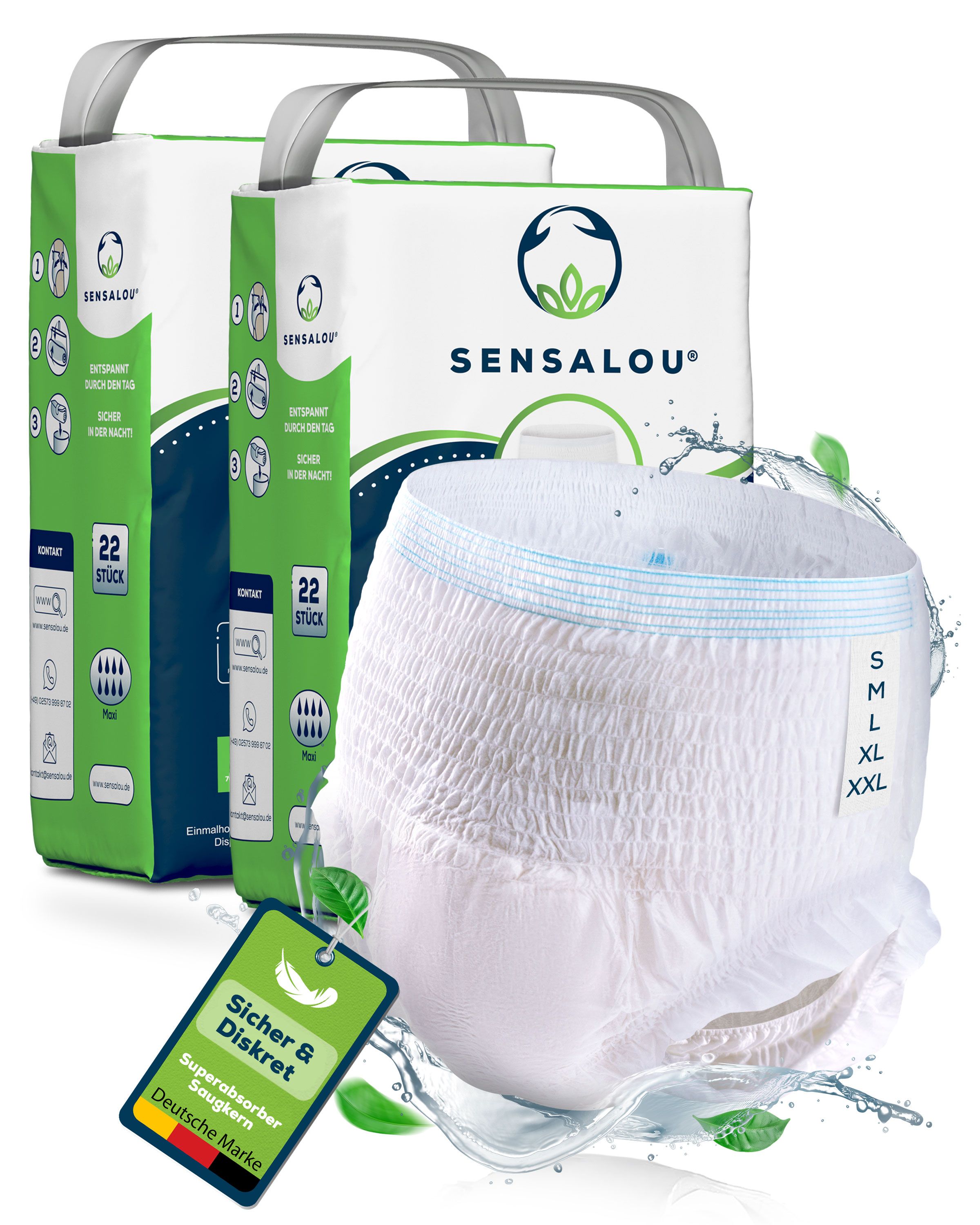 Twee verpakkingen Sensalou Pants. Een broekje ervoor. Opschriften: Sensalou, 22 stuks, S, Veilig & Discreet, Duits merk.